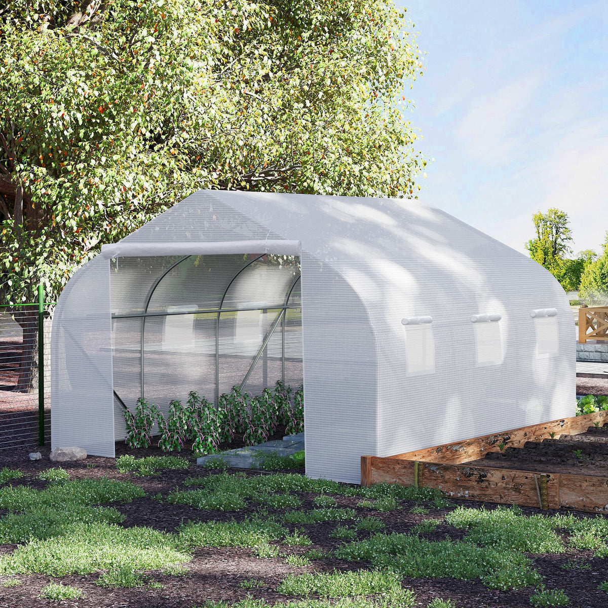 Serra a tunnel da giardino 10,5 m² dim. 3,5L x 3P x 2A m, porta + 6 finestre avvolgibili, acciaio zincato, telo in PE alta densità, bianco