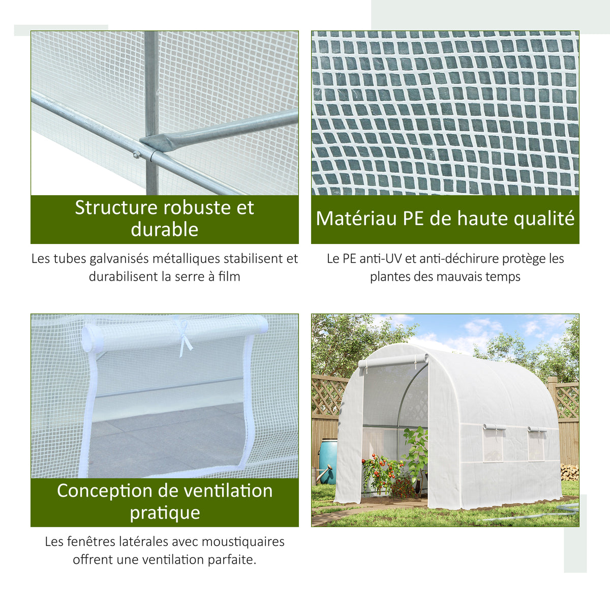 Serre de Jardin Tunnel Surface Sol 5 m² 2,5L x 2l x 2H m châssis Tubulaire renforcé 18 mm 4 fenêtres Blanc