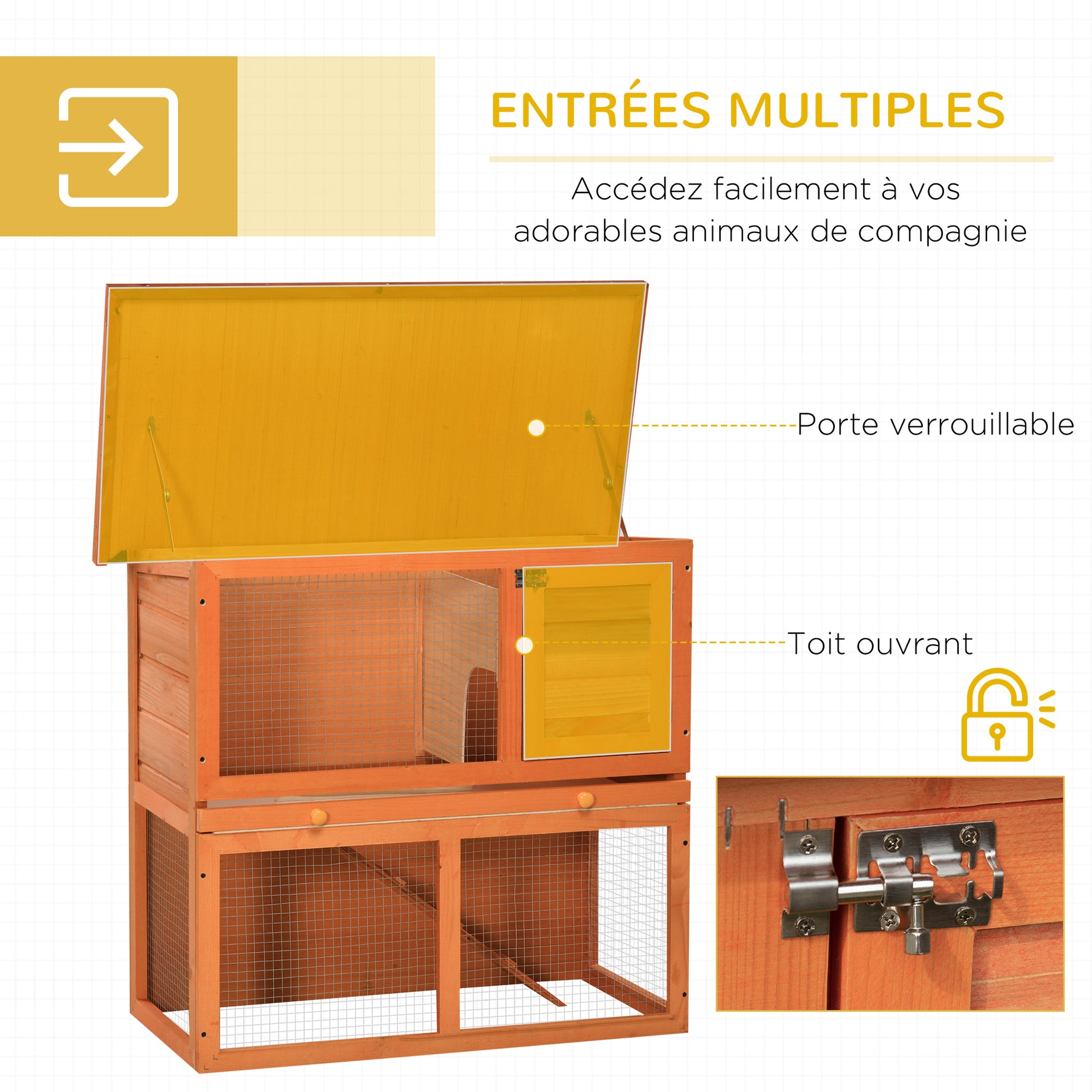 Clapier à lapin cage à lapin 2 étages plateau coulissant rampe et toit ouvrant 90L x 45l x 80H cm