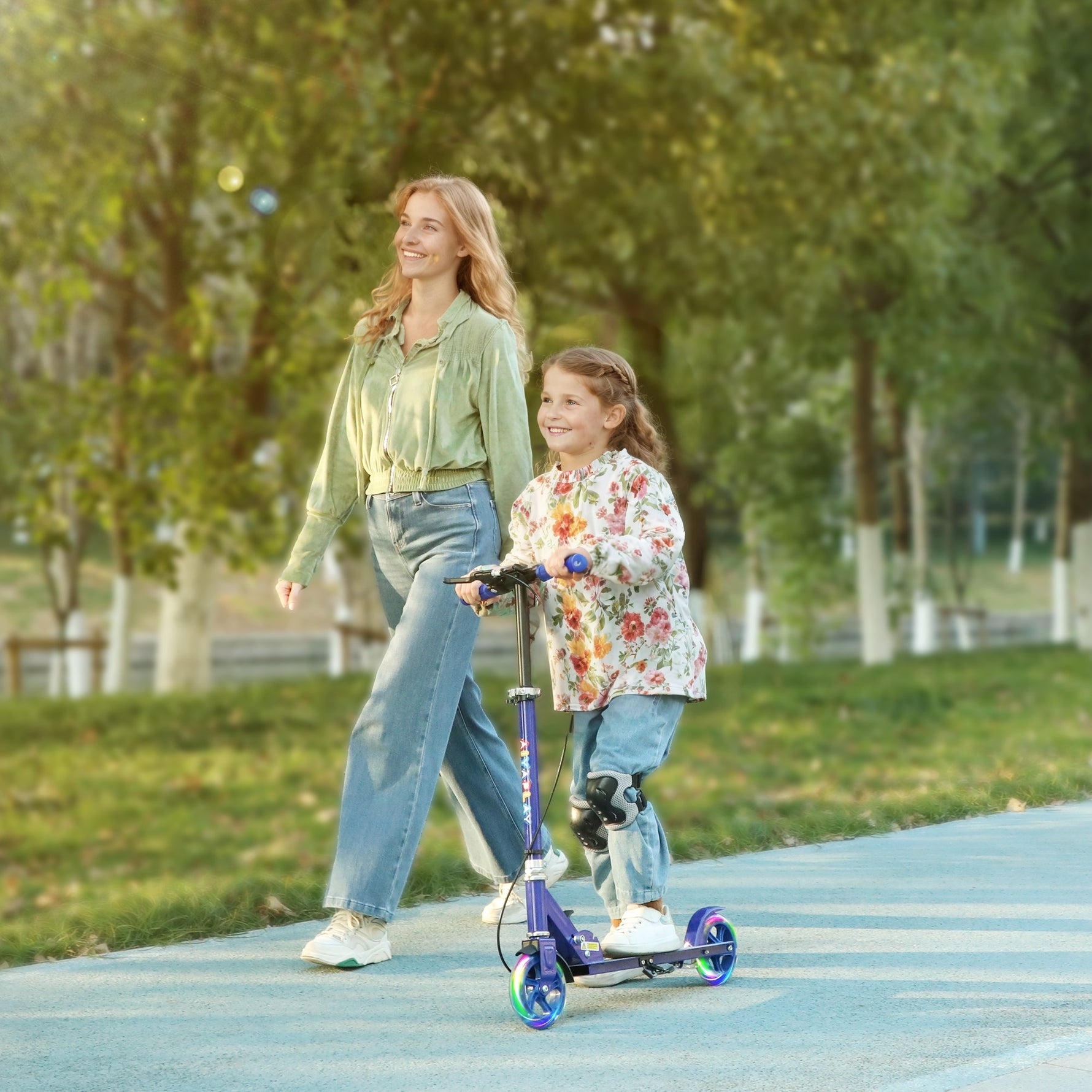 Trottinette enfants 3 à 8 ans, trottinette pliable à 2 roues LED roues lumineuses, 4 réglages en hauteur, bleu