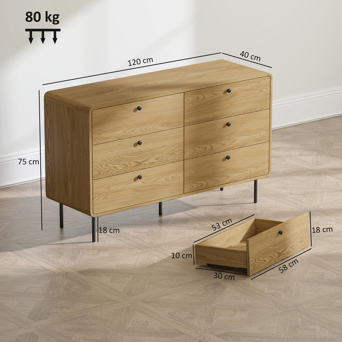 Commode 6 tiroirs meuble de rangement style moderne coins arrondis et pieds en acier 120 x 40 x 75cm effet bois de chêne
