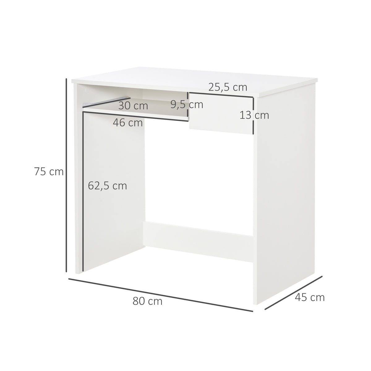 Scrivania per computer, 80 x 45 x 75 cm, scrivania con spazio di archiviazione, ripiano per tastiera e cassetto, bianco