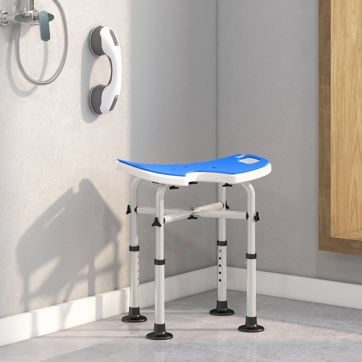 Tabouret de douche siège de douche hauteur ajustable 39-51,5 cm barre d'appui à ventouse patins à ventouse bleu foncé