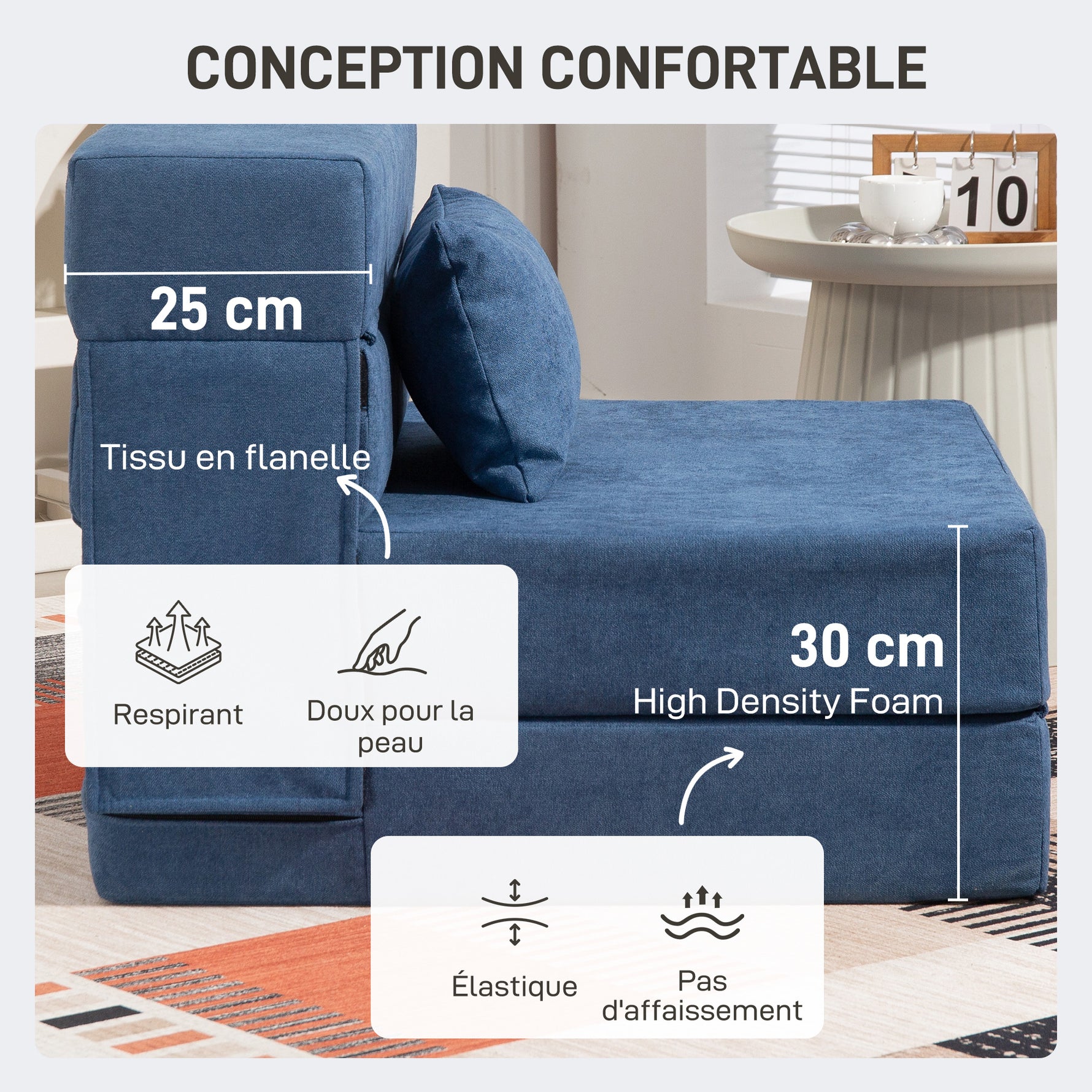 Fauteuil convertible 1 place fauteuil lit pliant, coussin inclus, pour invités, salon, petit espace, charge 120 kg, bleu