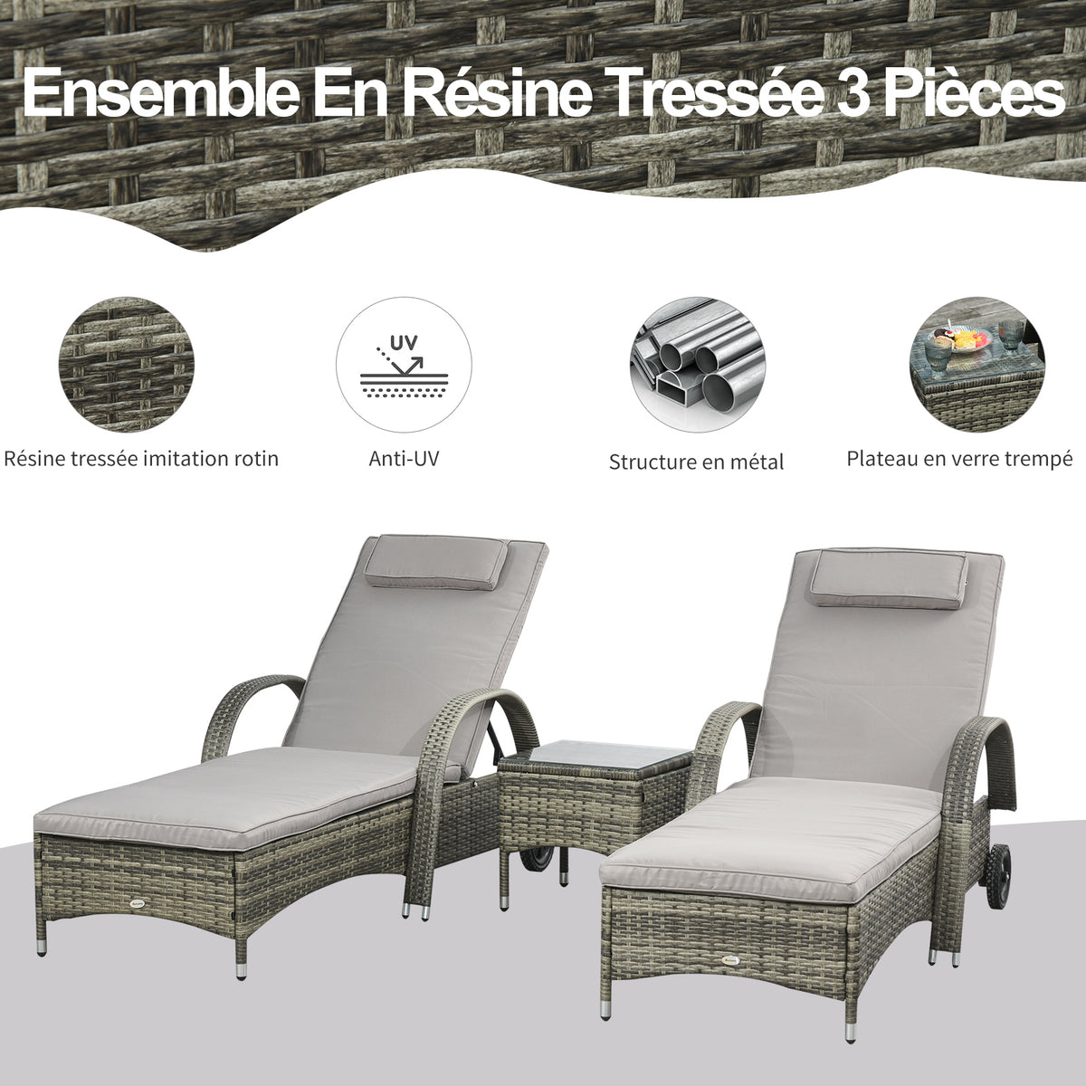 Lot de 2 transats bains de soleil : matelas, têtière, inclinaison réglable multipositions, accoudoirs