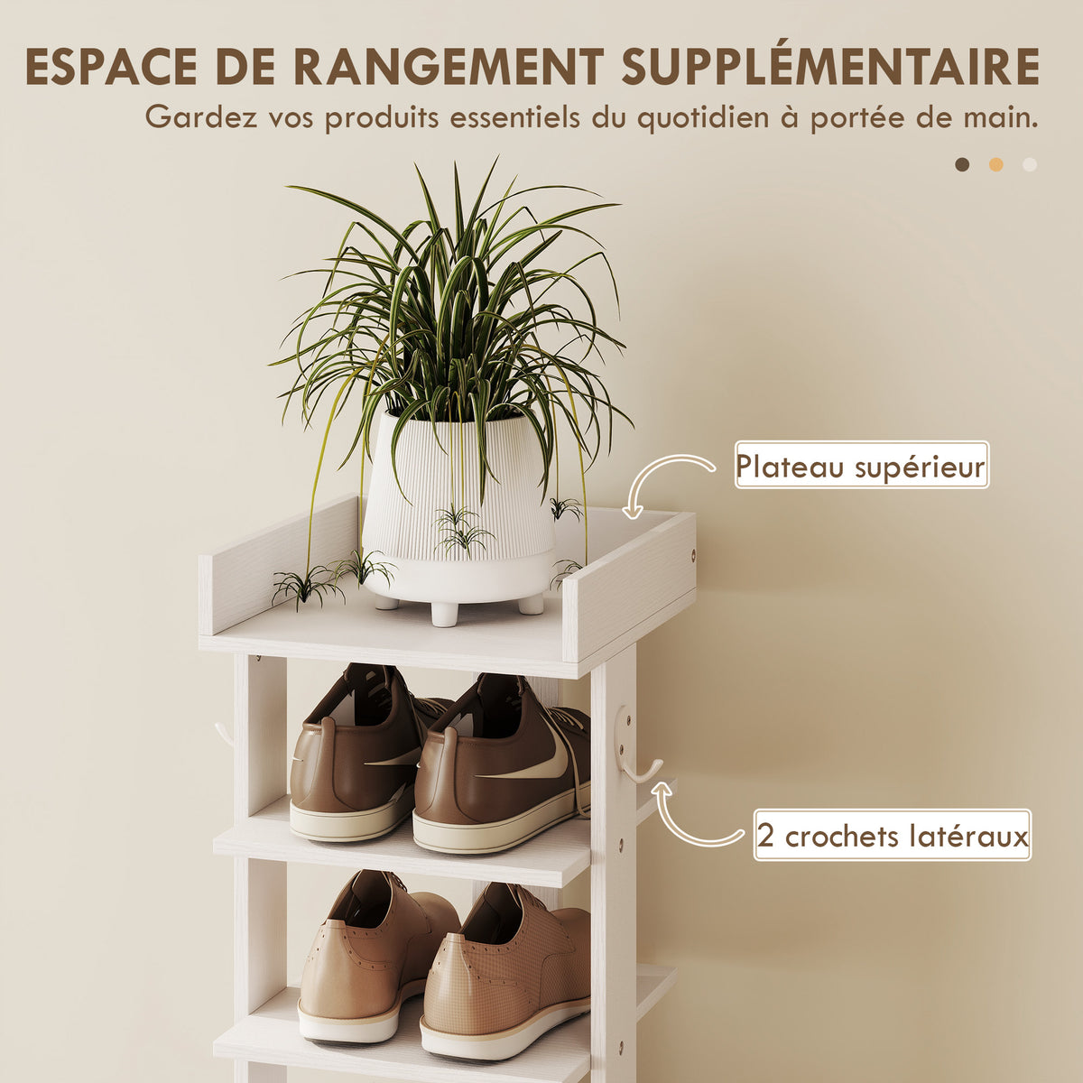 Étagère chaussure à 9 niveaux, range-chaussure jusqu'à 9 paires avec plateau supérieur, 2 crochets, 30x30x128,4cm, blanc