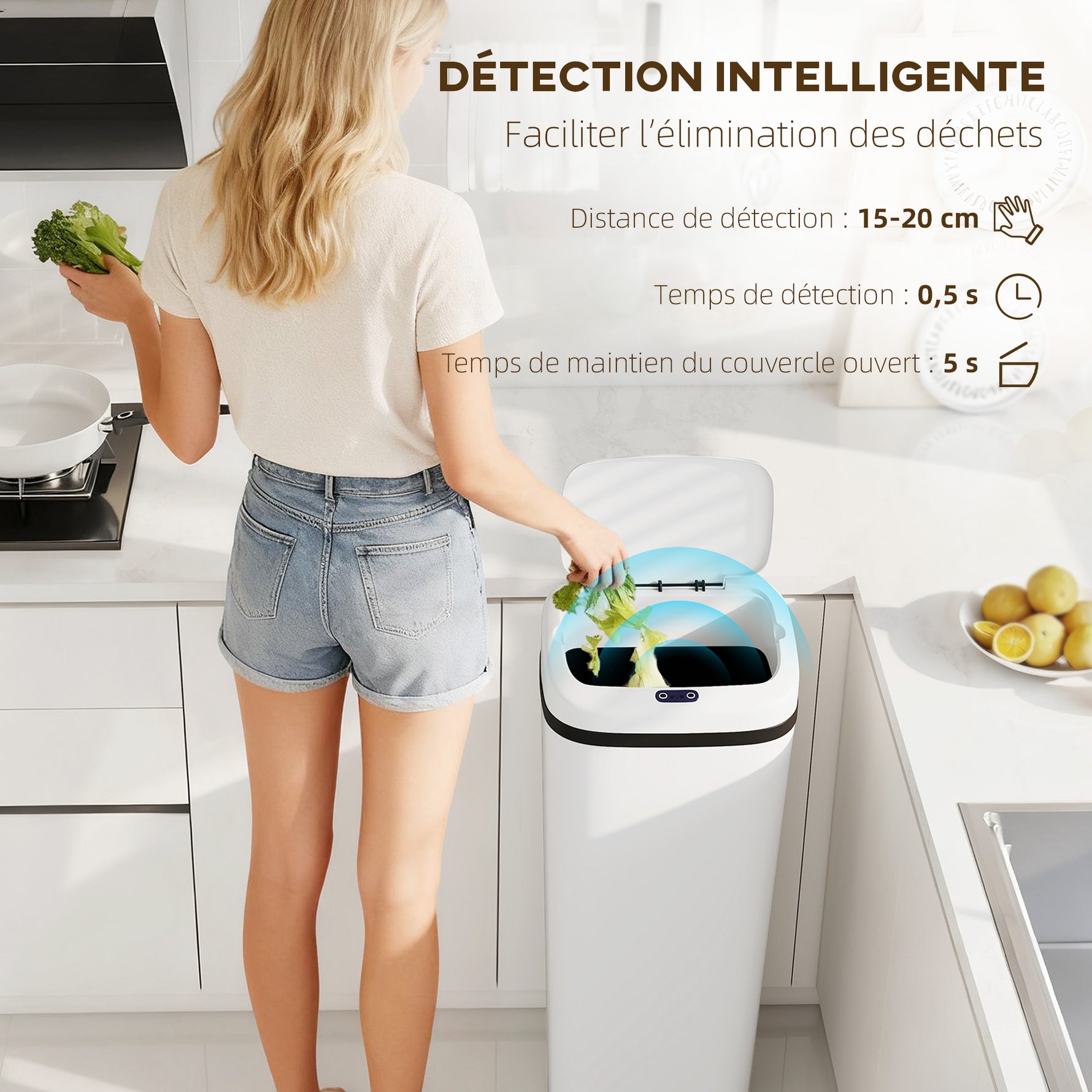 Poubelle cuisine automatique 50L en acier inoxydable, poubelle à capteur de mouvement sans contact, 33x25x84cm, blanc