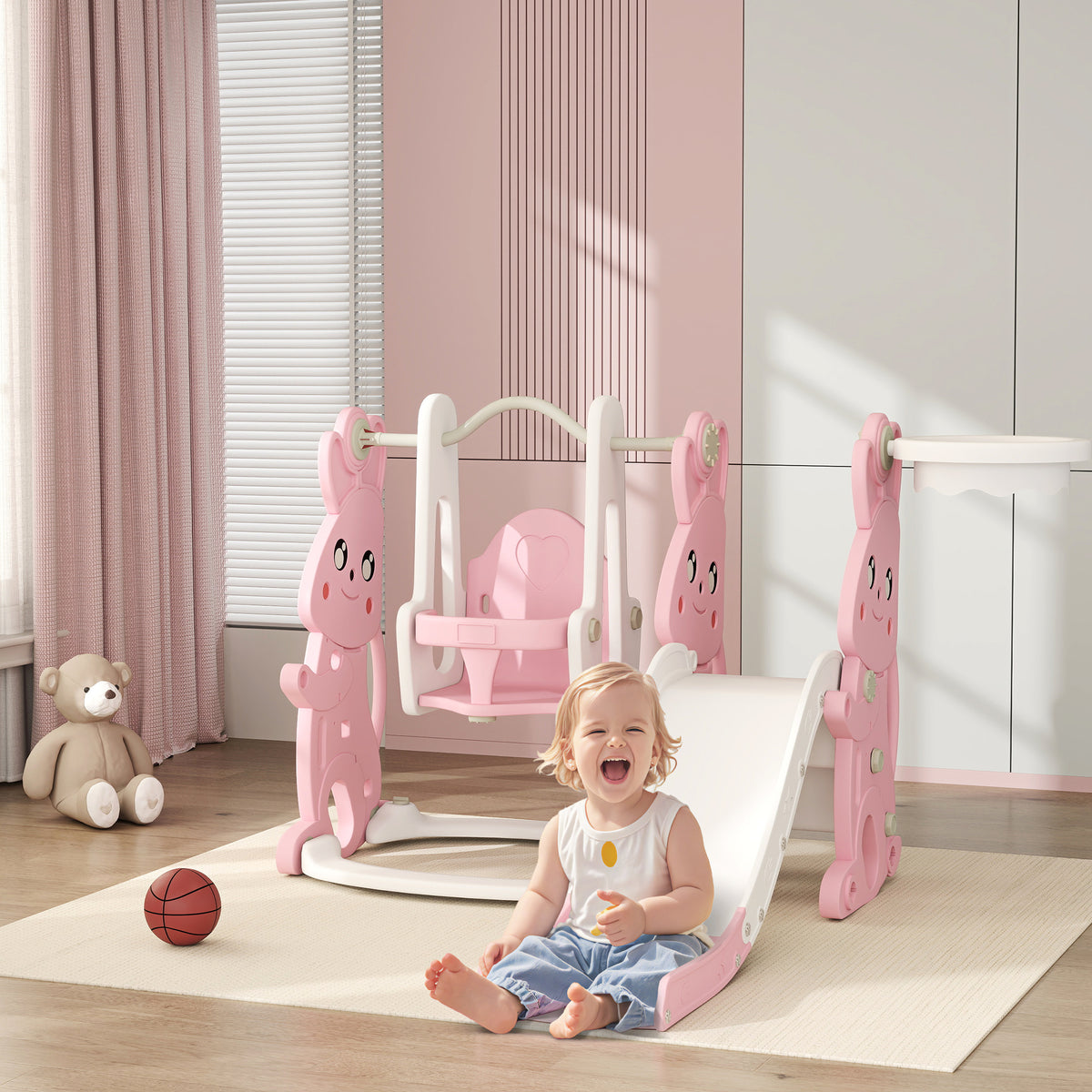 Scivolo e altalena 4 in 1 per bambini con canestro da basket, scivolo, altalena, 147,5x160x107cm, rosa