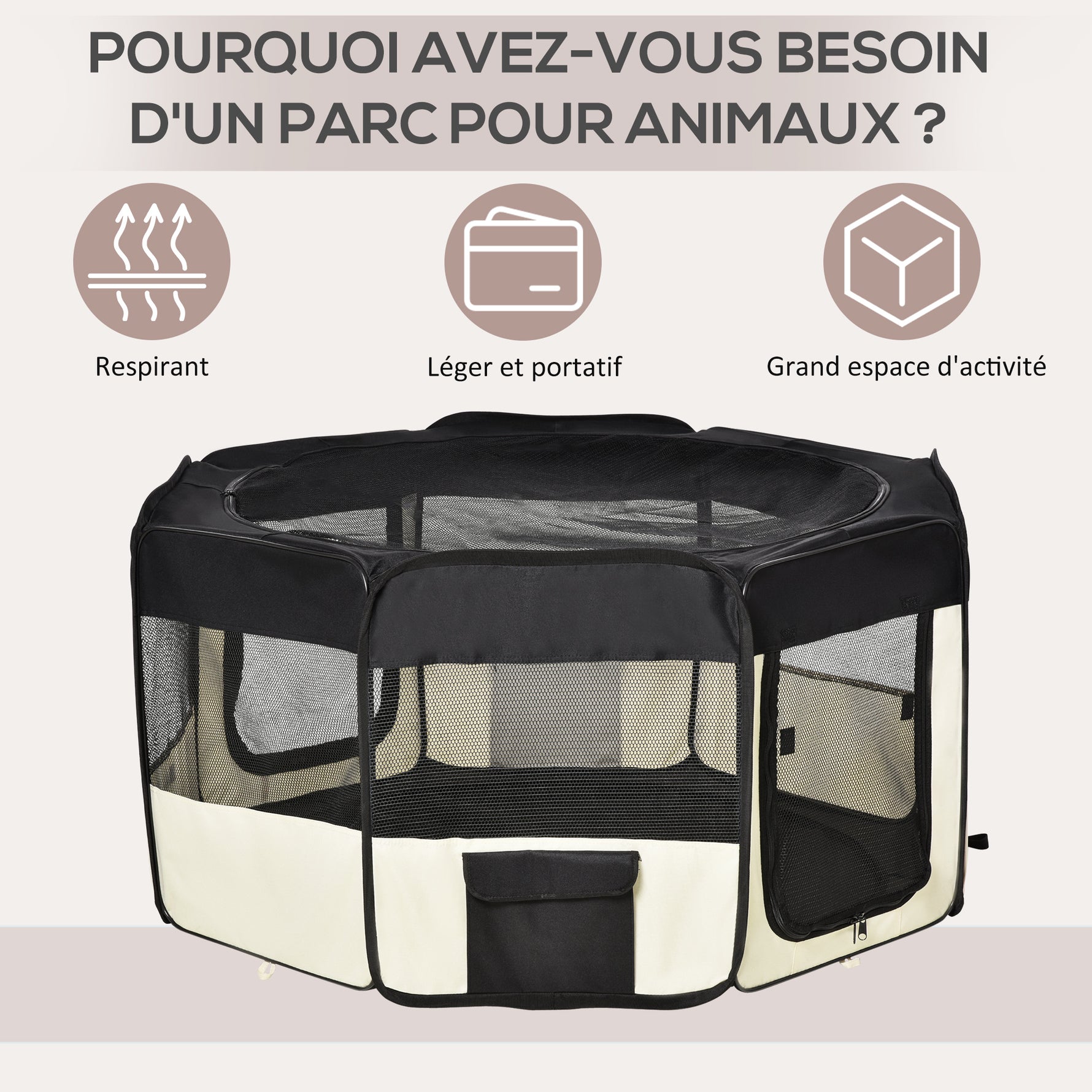 Parc enclos pliable pour chien chat petits animaux octogonal en tissu Oxford et acier - Ø 120 x 58H cm - noir et crème