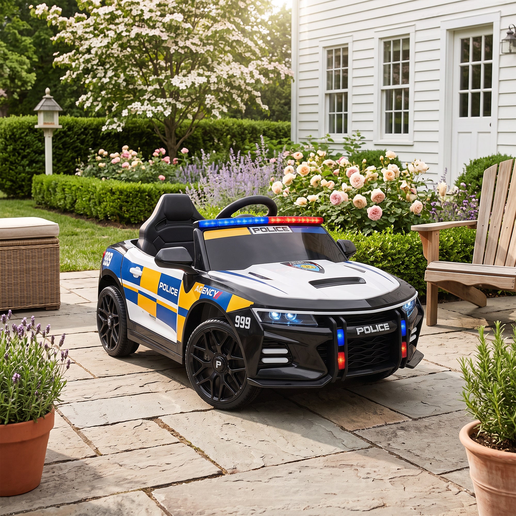 Elektrisches Kinder-Polizeiauto 12V, Doppelmotor, Fernbedienung, USB, MP3, Musik & Hupe, mehrfarbig