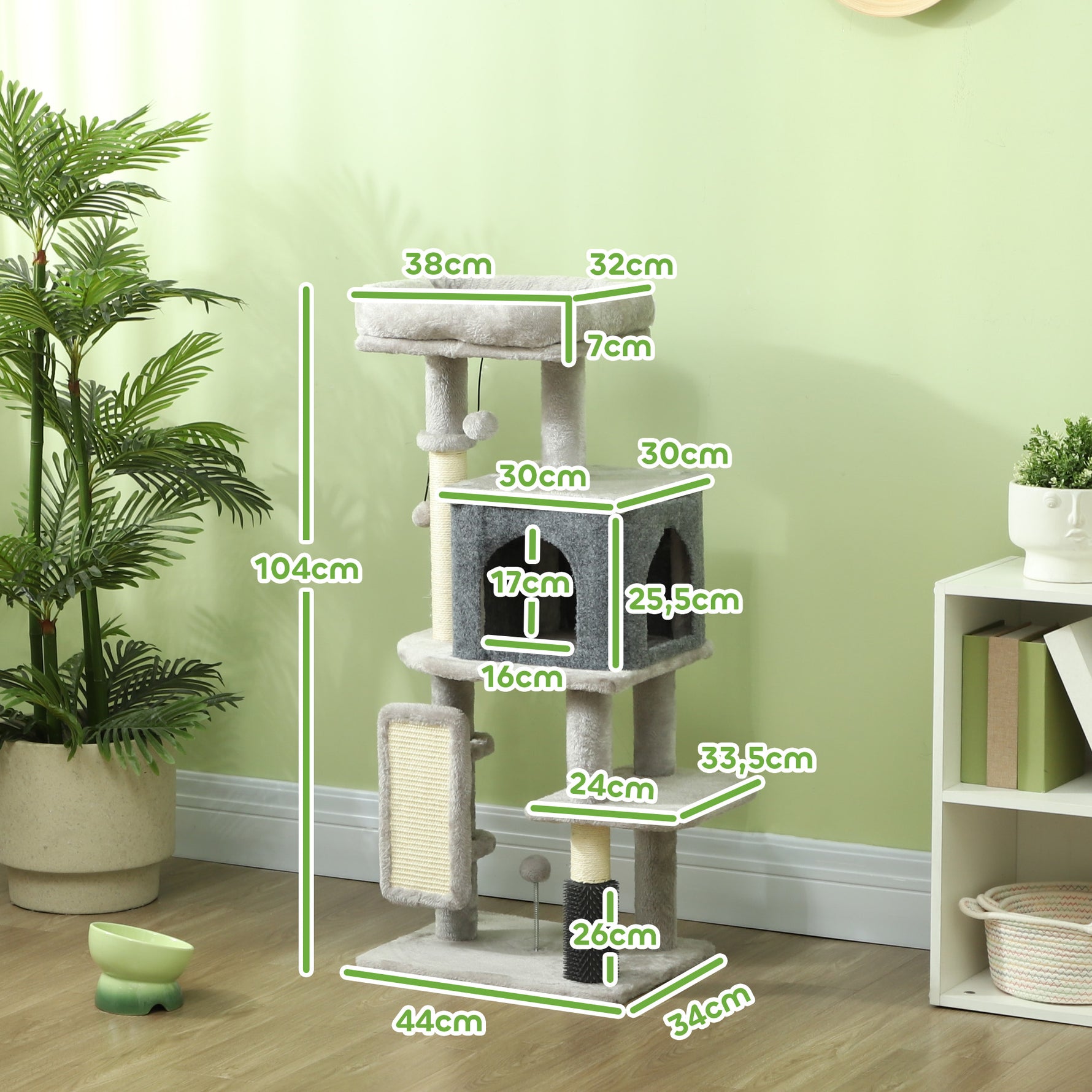 Arbre à chat, tour de jeux, hauteur de 104 cm, avec lit maison, brosse de toilettage,  44l x 34P x 104H cm, gris clair