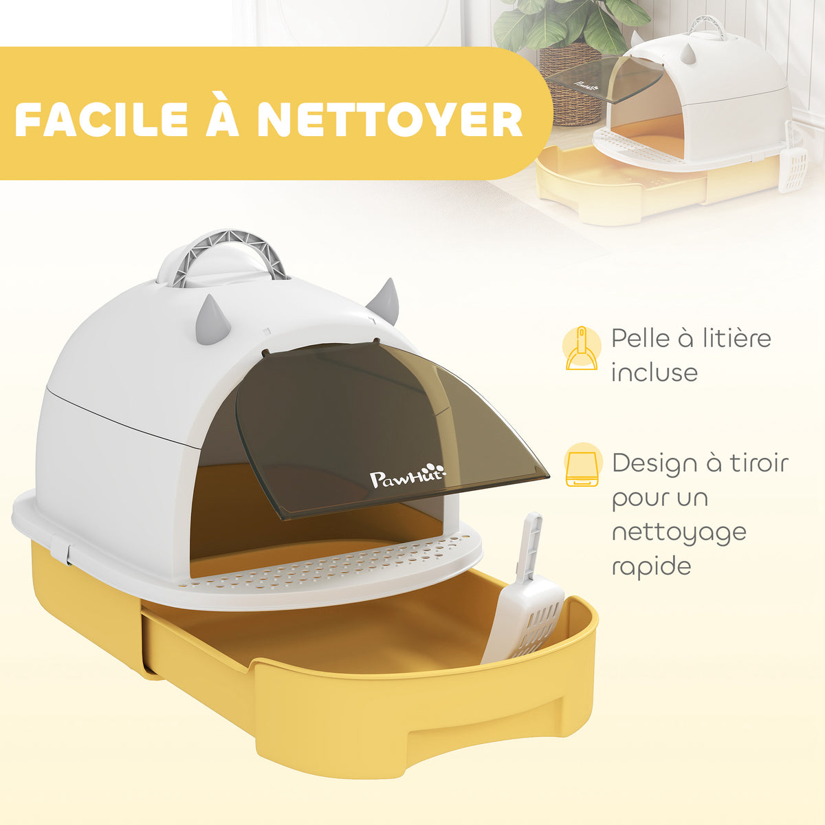 Maison de toilette pour chat bac à litière fermé chat poignée de transport porte translucide 40,5 x 52 x 39 cm jaune