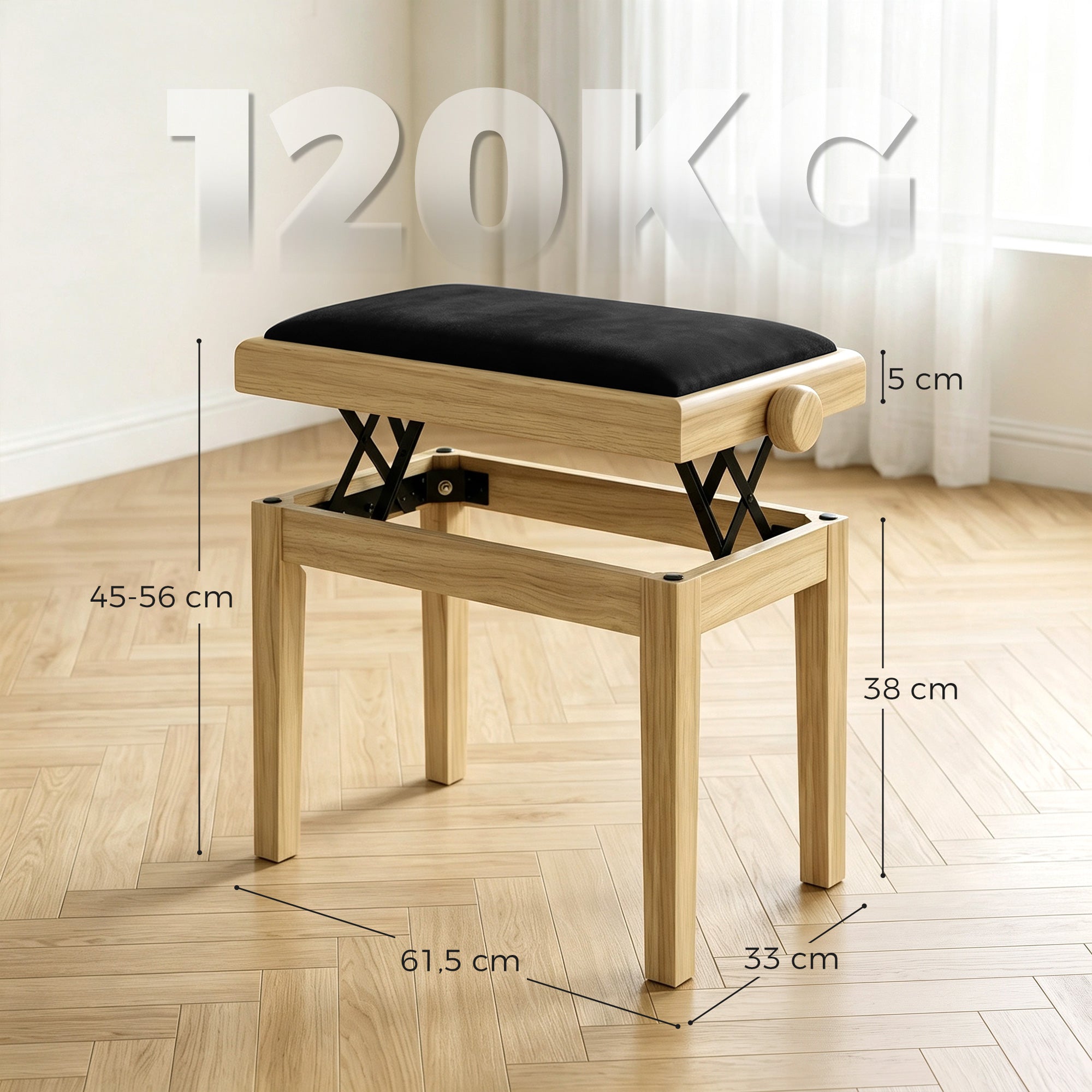 Banc de Piano, Tabouret Piano Réglable en Hauteur 45-56 cm, Banc de Clavier, Siège Rembourré en Velours, Bois Naturel
