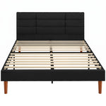 Cadre de Lit 140 x 200 cm avec Sommier Bois, Lit Double Rembourré en Effet Lin, Rangement au-dessous, Sans Bruit, Noir
