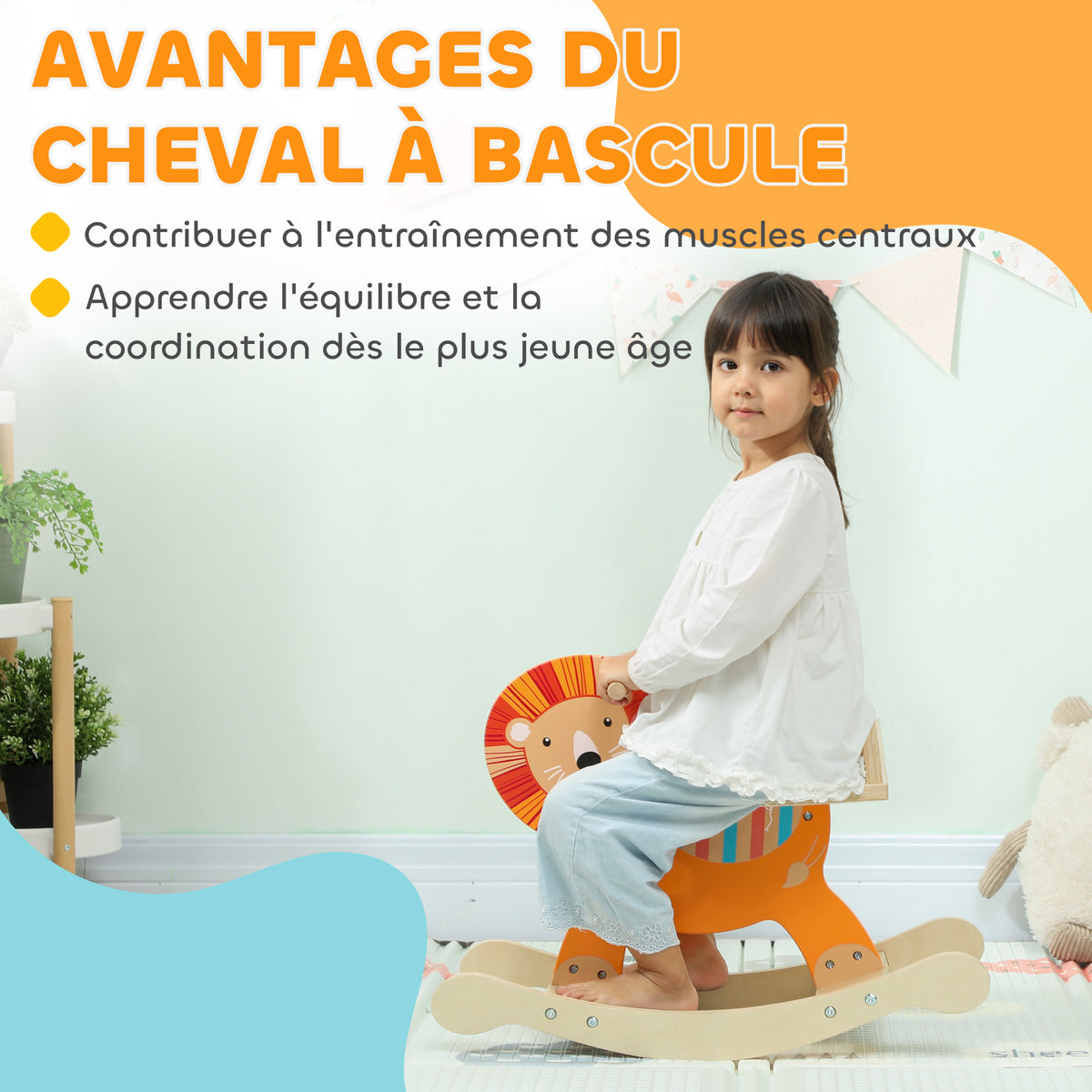 Cheval à bascule pour enfants, lion jouet à bascule bébé en bois avec guidon et base stable, 59 x 27 x 43 cm, orange