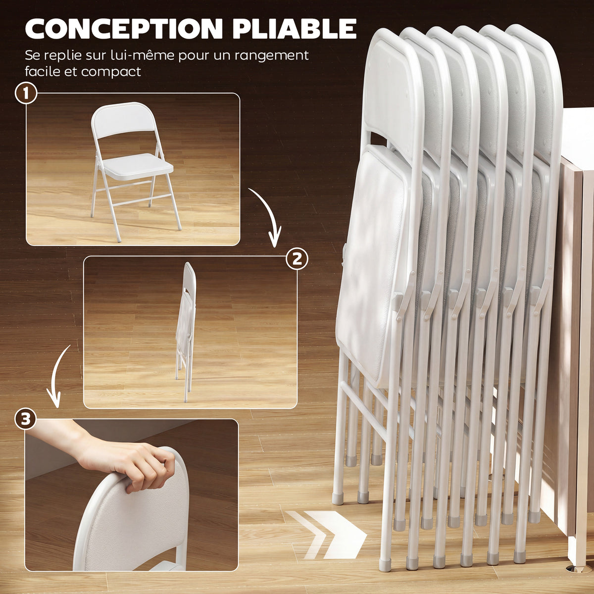 Lot de 6 chaises pliantes chaises de salle à manger portables cadre en acier 45 x 46 x 78 cm blanc