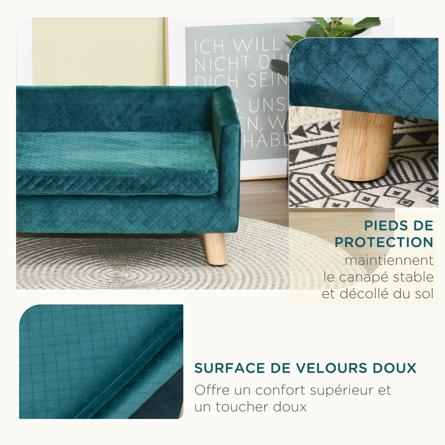 Canapé chien lit pour chien design scandinave coussin moelleux pieds bois massif dim. 64 x 45 x 36 cm velours bleu canard