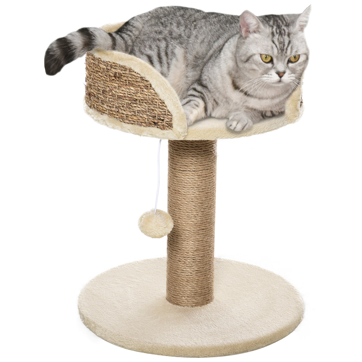 Cat tree climbing tree scratching post design toy hanging pom-pom + plush platform 40 x 40 x 49 cm beige sisal