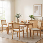 Lot de 2 chaises de salle à manger, chaises de cuisine avec assise rembourrée, dossier effet rotin, crème et chêne