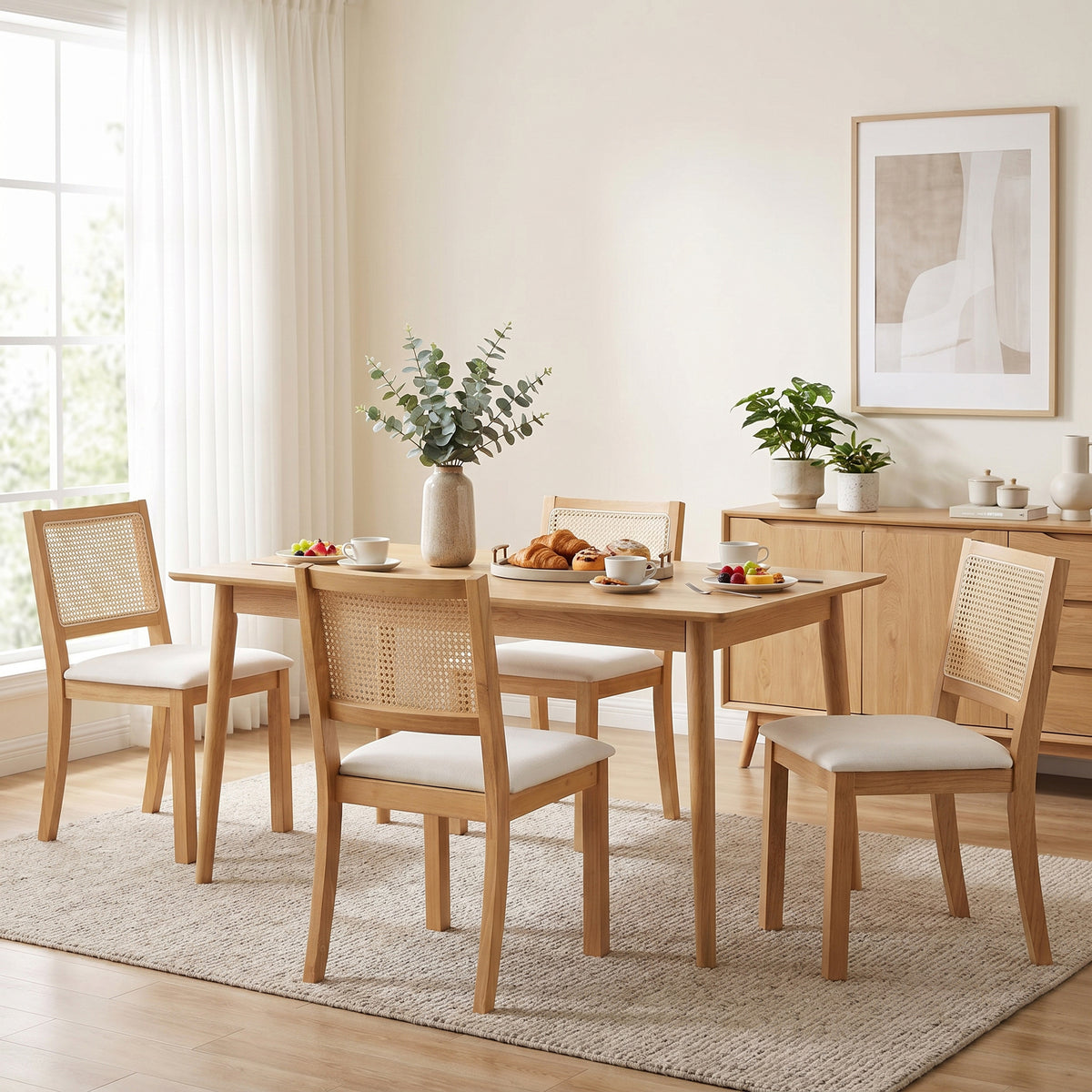 Lot de 2 chaises de salle à manger, chaises de cuisine avec assise rembourrée, dossier effet rotin, crème et chêne
