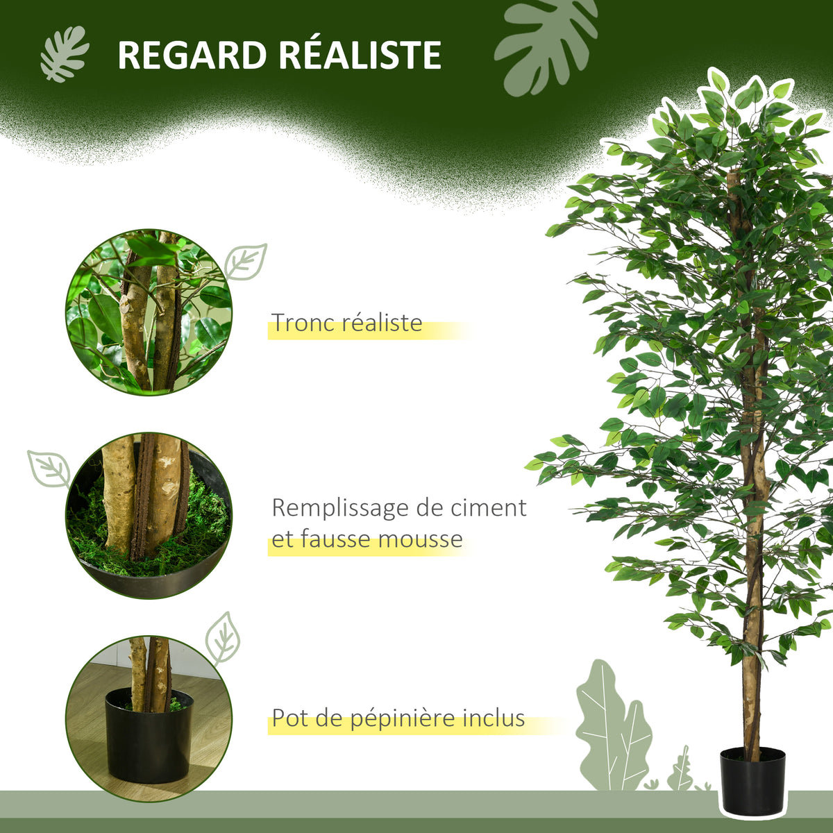 Plante artificielle ficus hauteur 1,80 m tronc branches liane lichen feuilles grand réalisme pot inclus vert