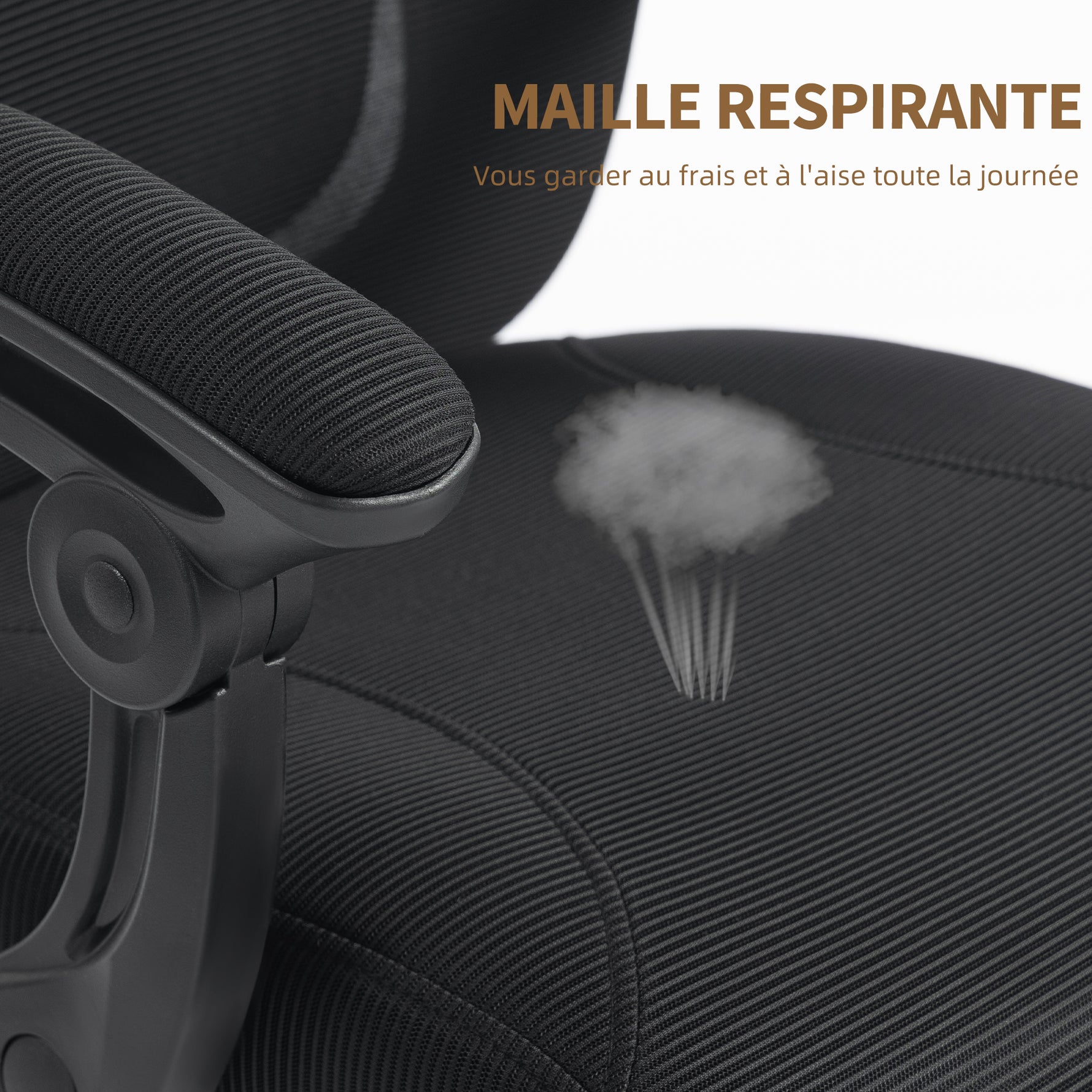 Chaise bureau ergonomique, fauteuil de bureau en maille avec appuie-tête réglable, support lombaire, 64x64x124cm, noir