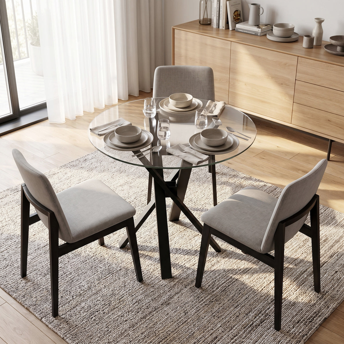 Tavolo da pranzo rotondo per 4 persone, Ø 80 x 75 cm, tavolo da cucina, piano in vetro temperato, trasparente