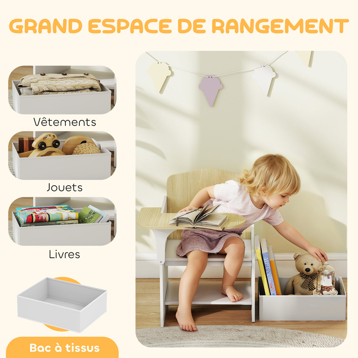Scrivania e sedia per bambini con contenitore, set tavolo attività 2-in-1 per disegno, lettura e giochi, bianco