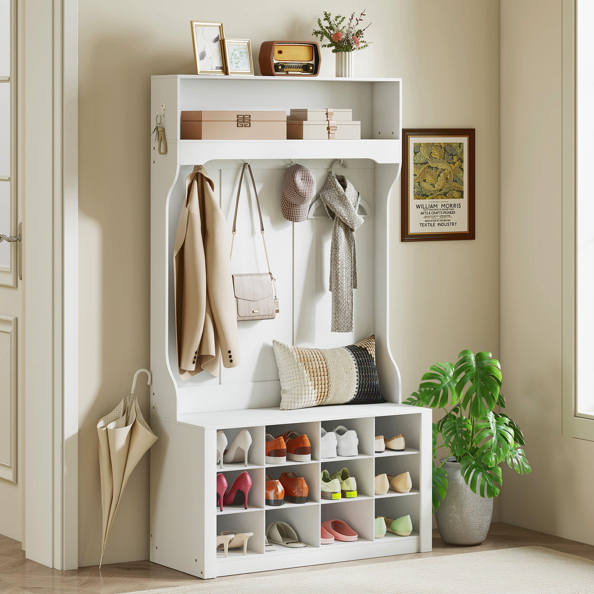 Porte-Manteau 4-en-1 avec Banc, Banc d'Entrée avec 12 Compartiments à Chaussures, 6 Crochets et Étagère Ouverte, Blanc