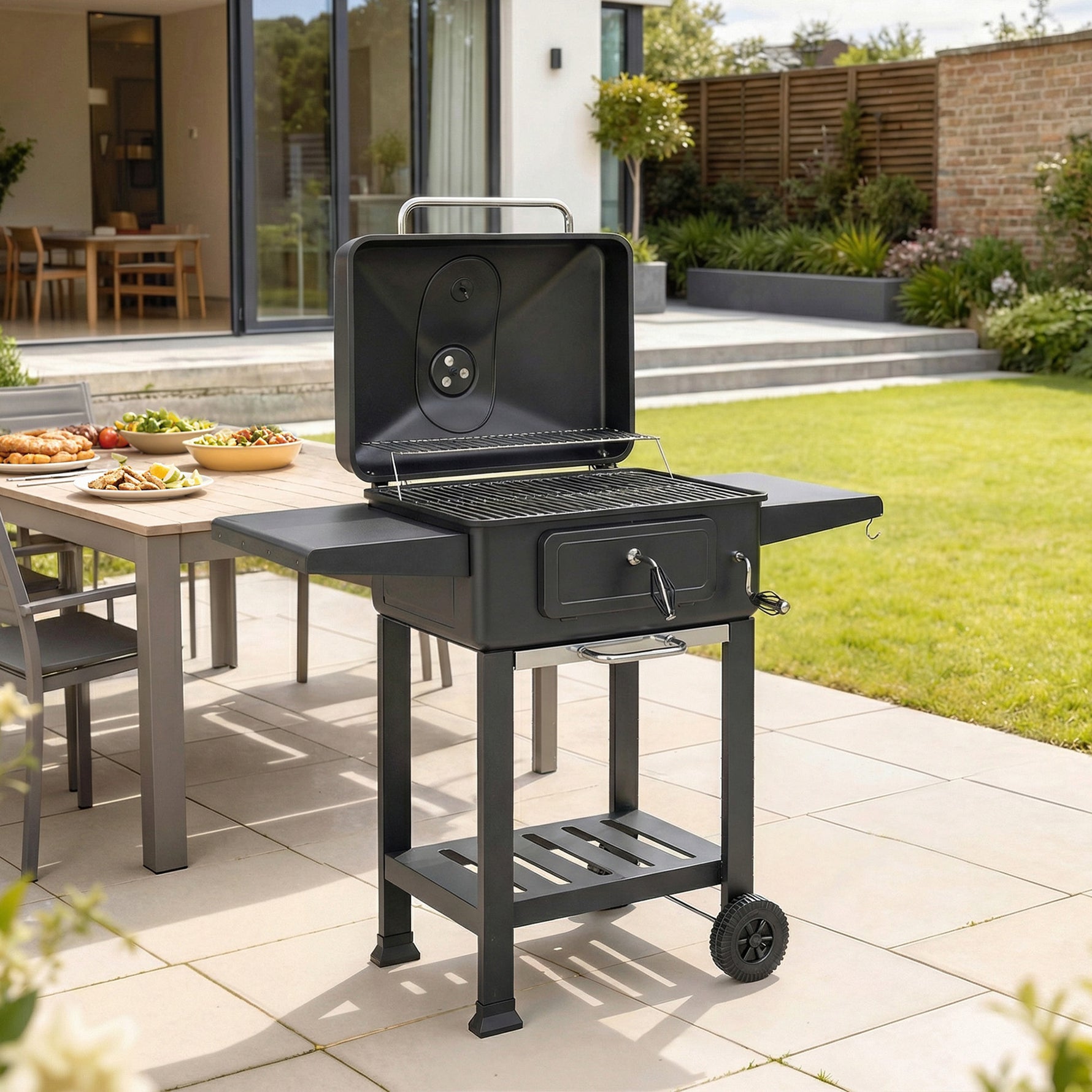 Barbecue Charbon de Bois Chariot Grill de Jardin avec Couvercle XXL Bac à Charbon et Évents Réglables 112cm Noir