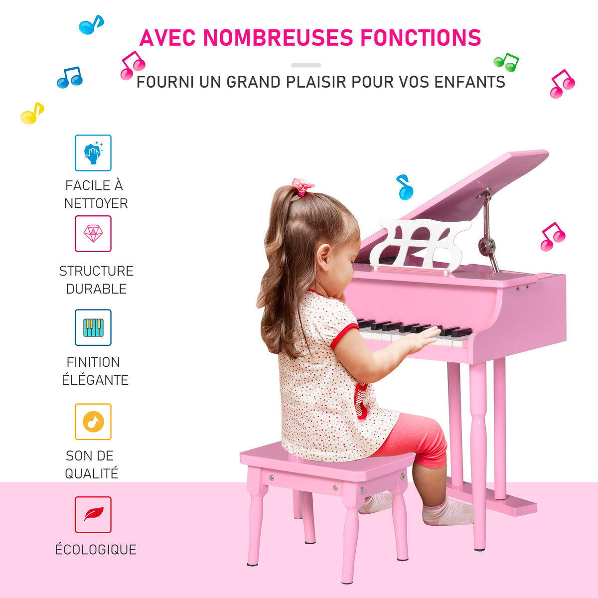 Kinder-Flügel aus Holz Kinderklavier 30 Tasten - inkl. Hocker und Notenständer - Musikinstrument - MDF rosa