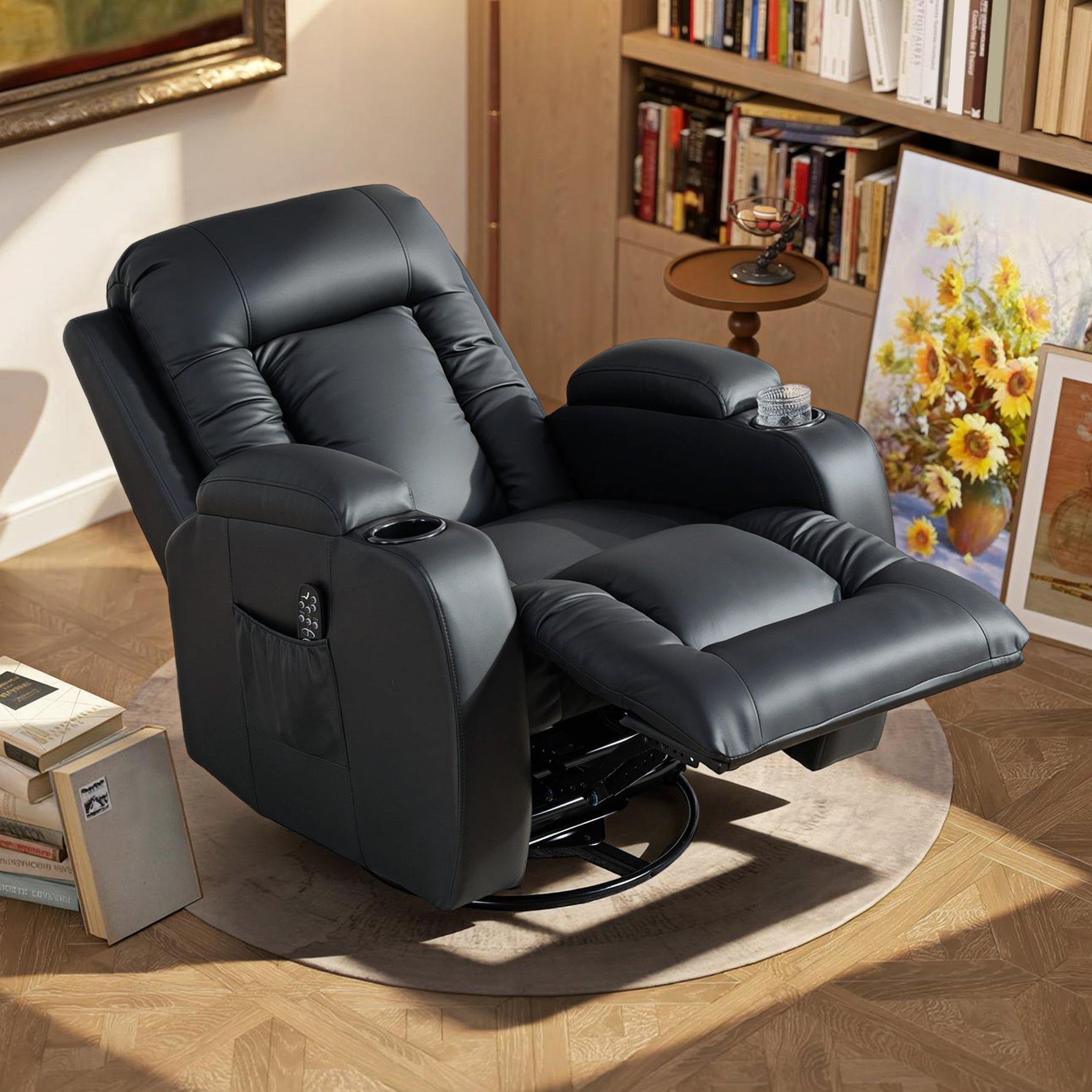 Fauteuil inclinable de massage et chauffage, fauteuil de relaxation, dossier réglable, pivotant 360°, 82x99x103cm, noir