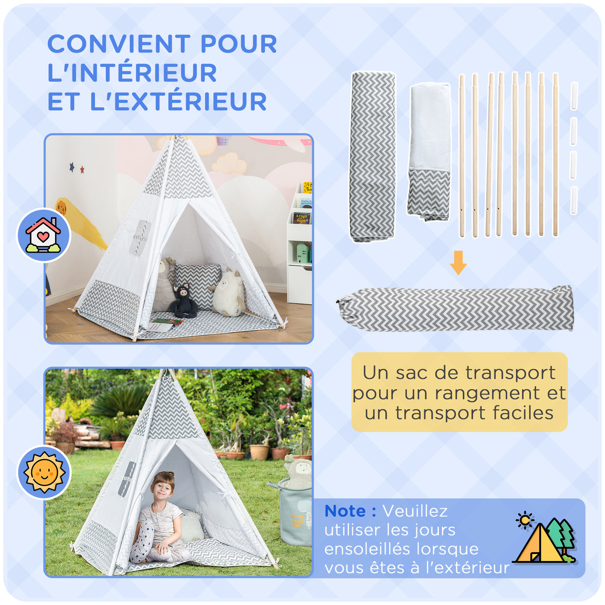 Tente Teepee Indien Tente de jeu pour Enfant Style Graphique - dim. 1,2L x 1,2I x 1,55H m - Porte refermable Fenêtre Tapis Coussin Sac Transport Inclus - à l'Intérieur à l'Extérieur Gris Blanc