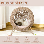 Panier chat lit surélevé chat cosy niche grotte grand confort dim. Ø 52 x 58H cm coussin moelleux inclus résine tressée imitation rotin beige