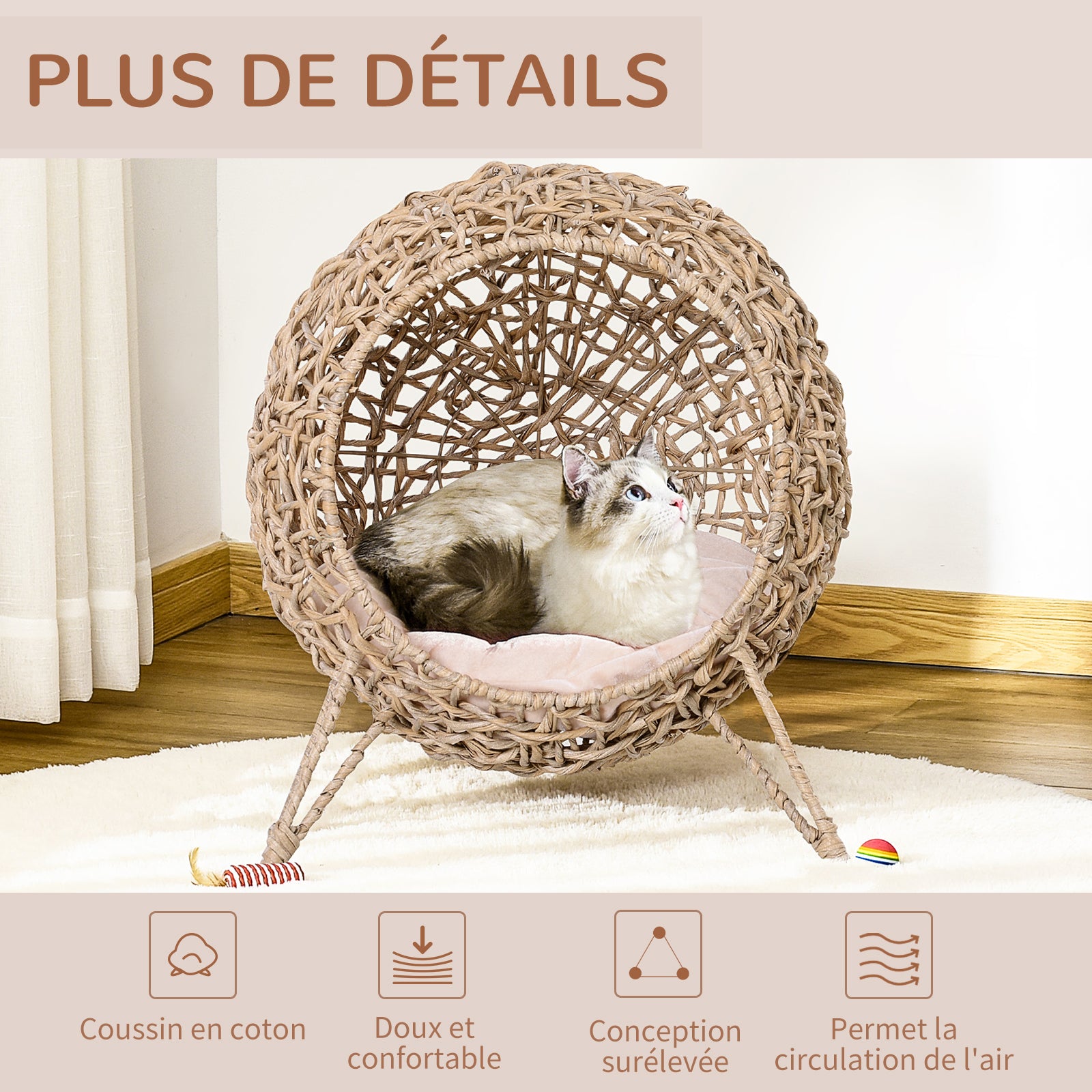 Panier chat lit surélevé chat cosy niche grotte grand confort dim. Ø 52 x 58H cm coussin moelleux inclus résine tressée imitation rotin beige