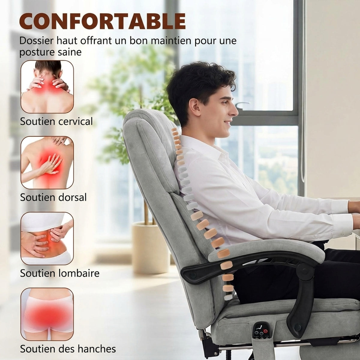 Fauteuil Bureau Massant Vibrant et Chauffant, Chaise Bureau Ergonomique en Velours Imprimé, Dossier Inclinable, Gris
