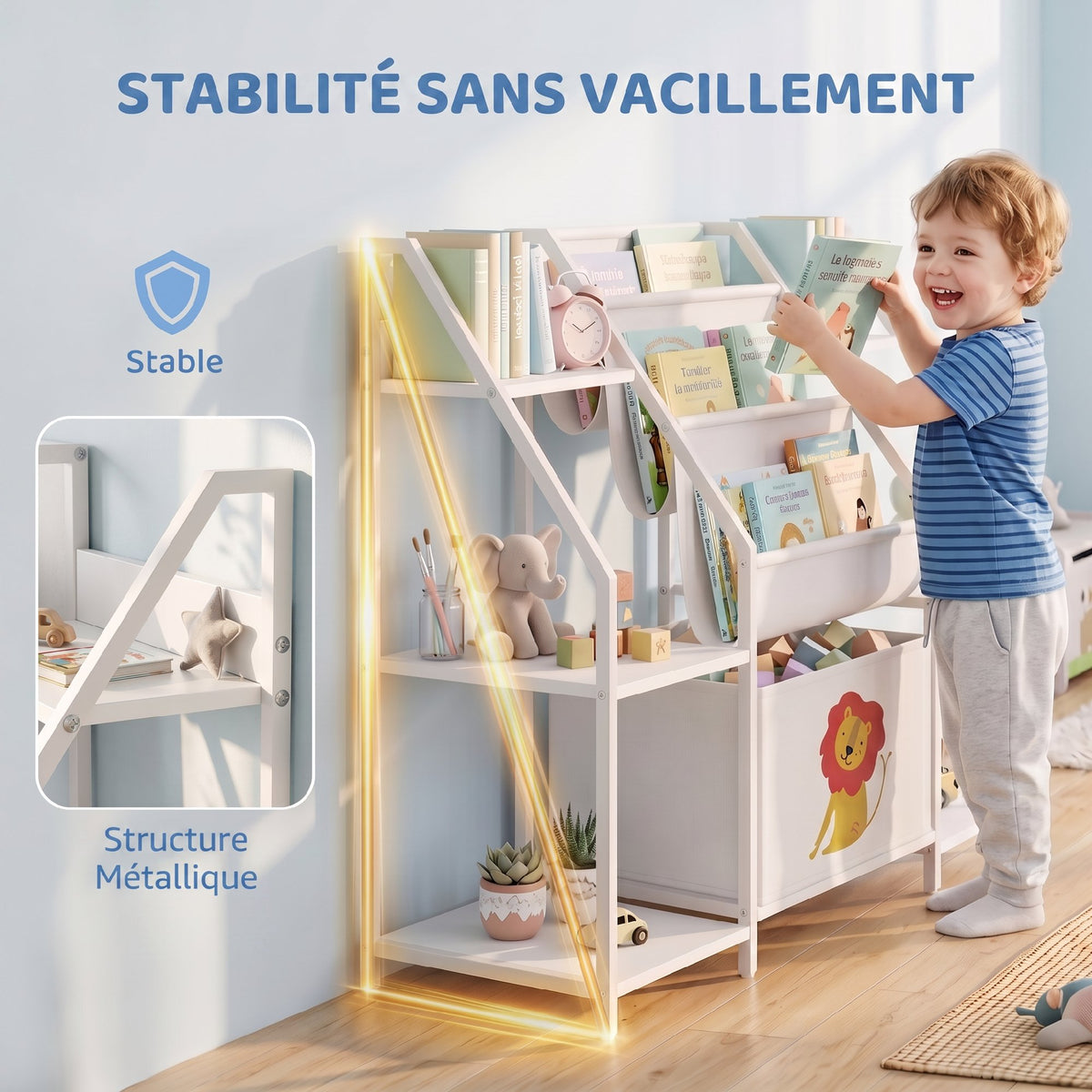 Kinderbücherregal mit 3 Ebenen, Kinderregal mit Stoffschublade, 93 x 30 x 76 cm, Weiß