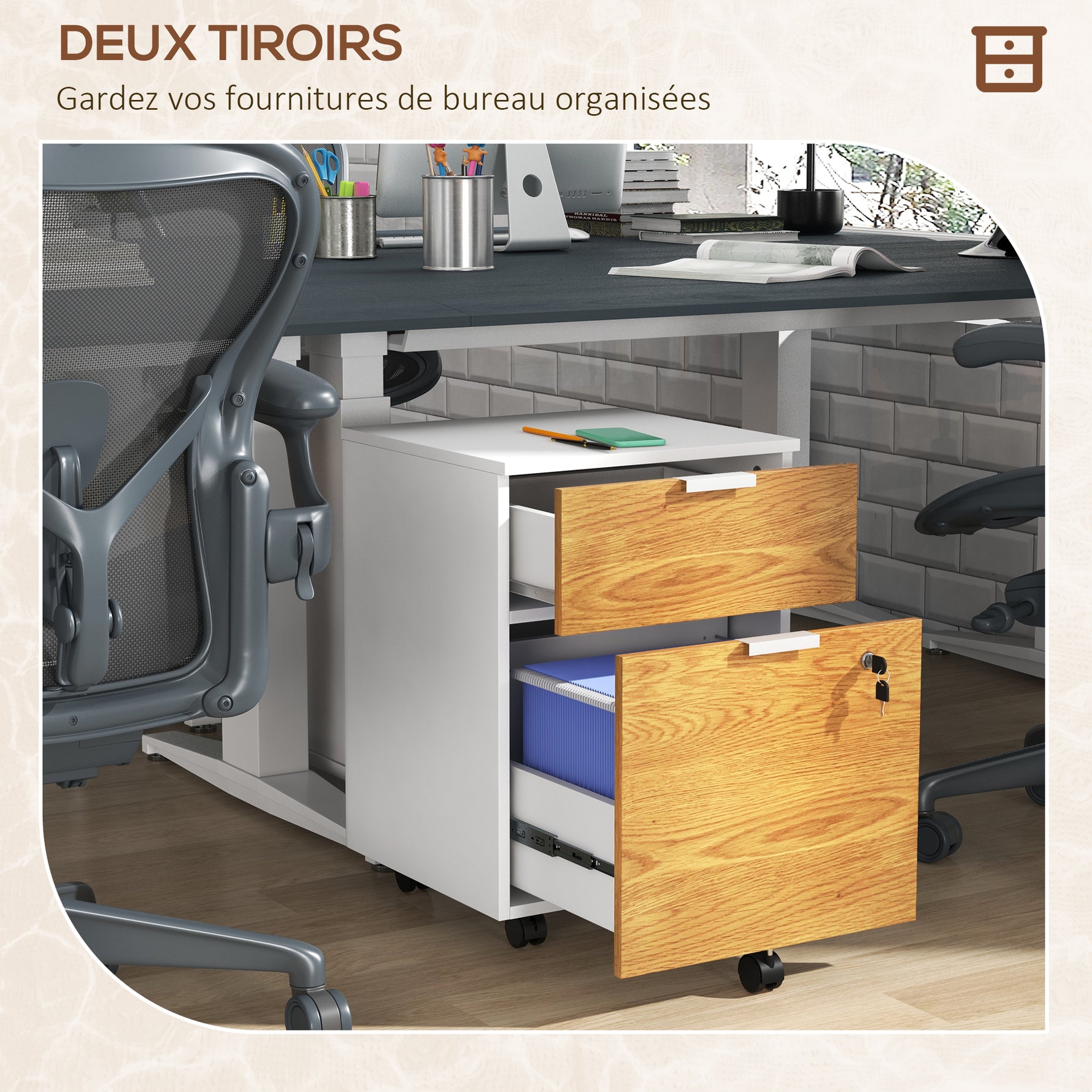 Caisson de bureau, meuble de rangement 2 tiroirs 2 barres pour dossier suspendu, verrouillable avec 2 clés 42x40x60 cm