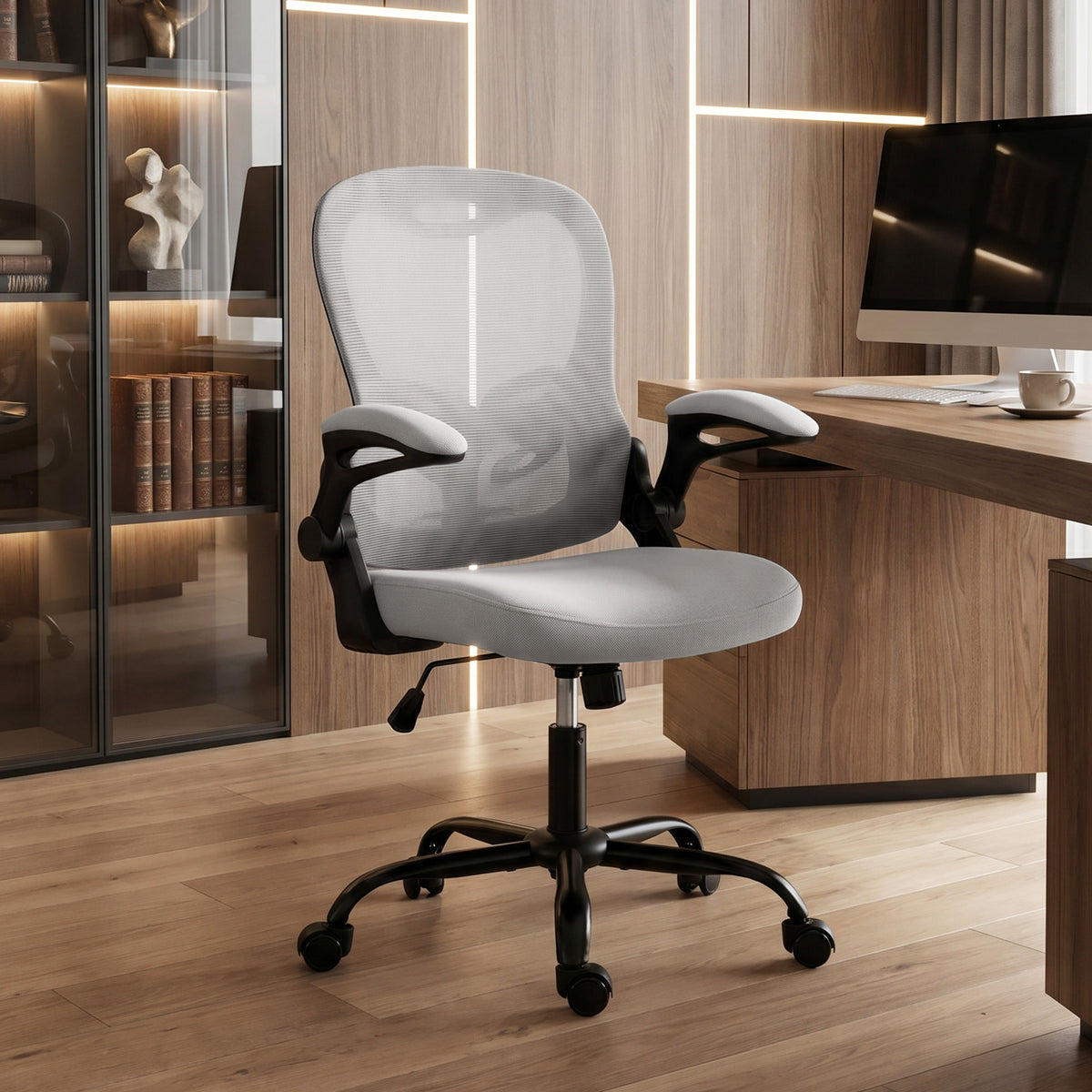 Chaise Bureau Ergonomique, Fauteuil de Bureau Maille, Accoudoirs Relevables, Hauteur Réglable, Fonction Bascule, Gris
