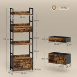 Bibliothèque étagère de rangement à 6 niveaux avec 4 étagères, 3 tiroirs en tissu, 60x30x176cm, brun rustique