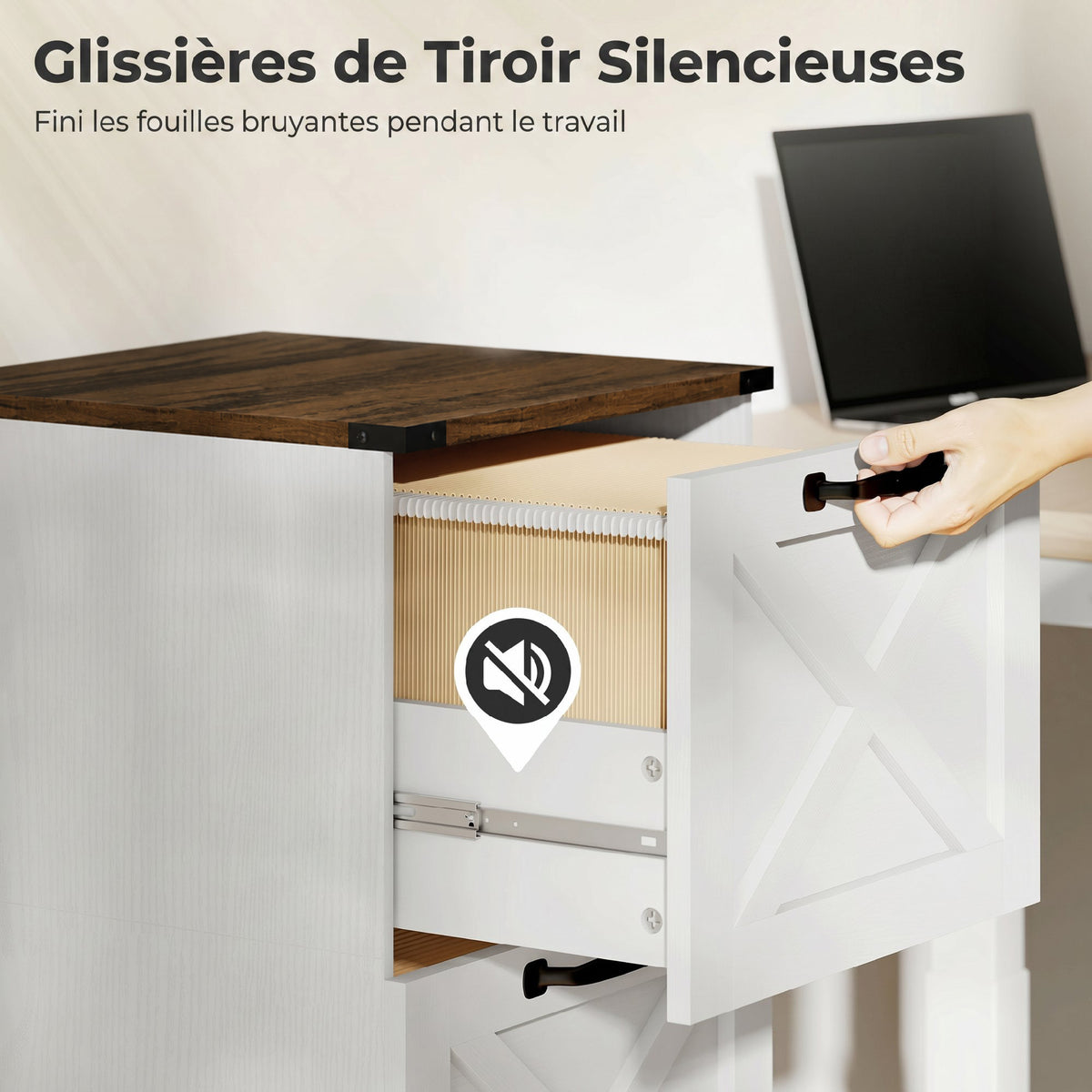 Cassettiera da ufficio con 3 cassetti, cartelle sospese per formati Lettera/A4, stile rustico, 40x40x101 cm, bianco