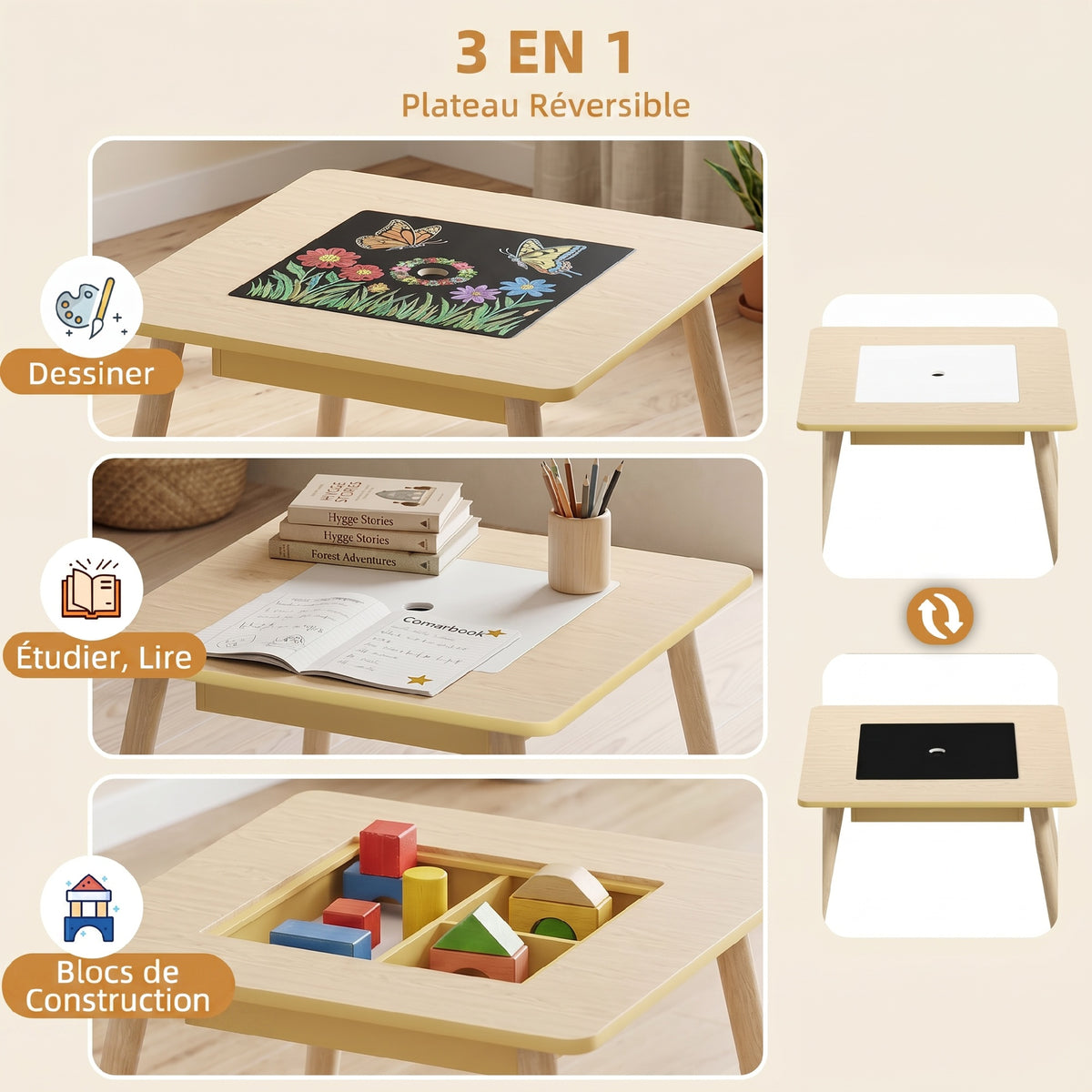 Ensemble 1 table et 2 chaise 3 pièces pour enfants avec plateau réversible espace de rangement bois naturel