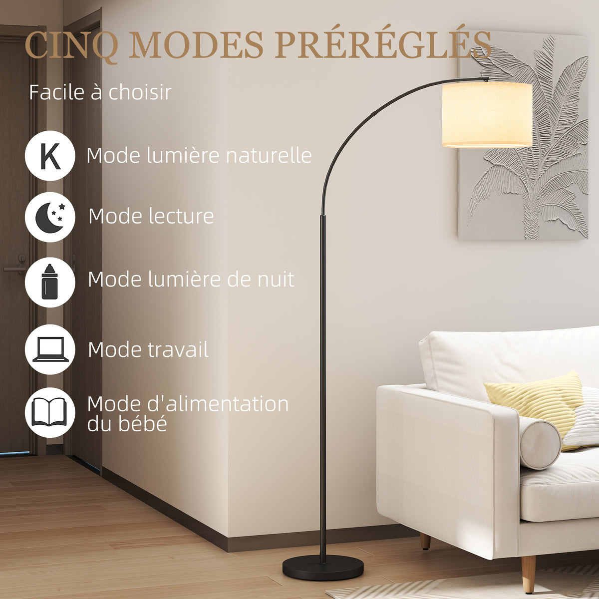 Lampadaire avec télécommande abat-jour réglable 11 température de couleurs et 11 niveaux de luminosité minuterie noir