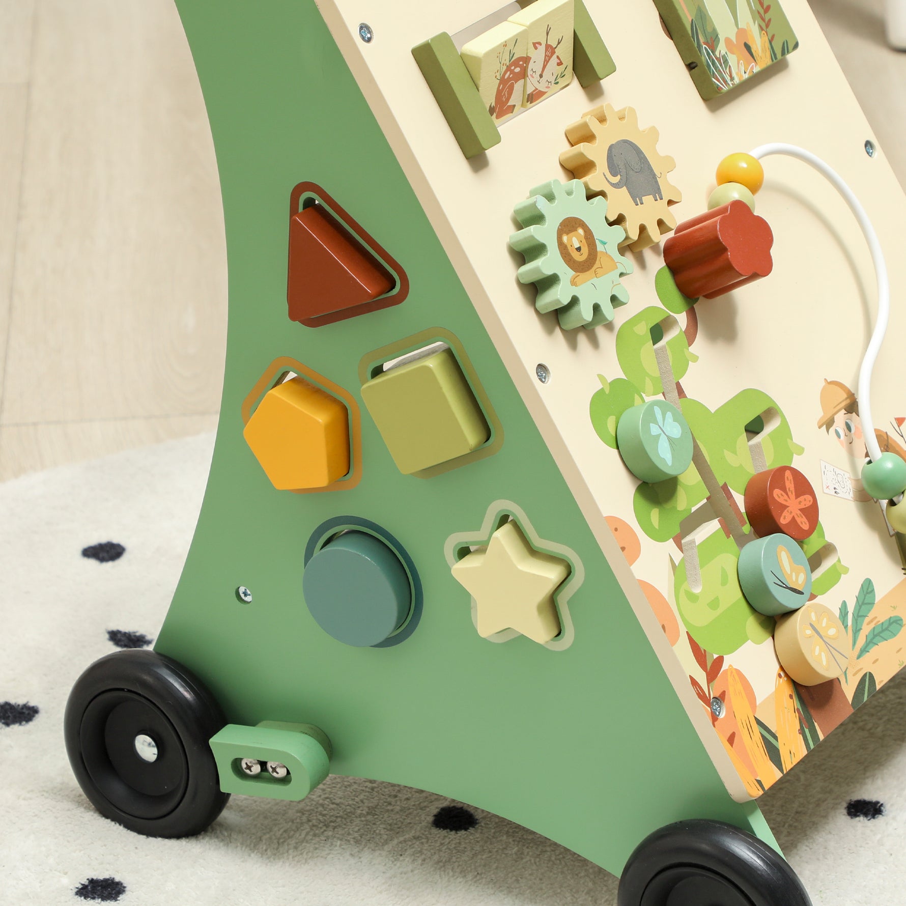 Trotteur en bois pour bébé 18+ mois, chariot de marche, contrôle de vitesse, centre d'activités, 33,5x36x46,8cm, vert