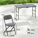 Conjunto de jardín, mesa de exterior con 4 sillas plegables, mesa regulable en altura 118 cm gris oscuro