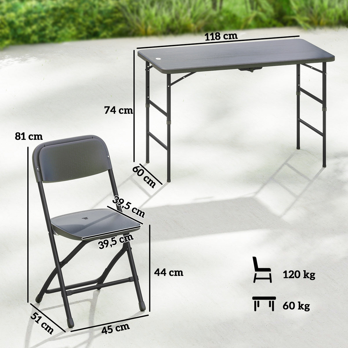 Conjunto de jardín, mesa de exterior con 4 sillas plegables, mesa regulable en altura 118 cm gris oscuro