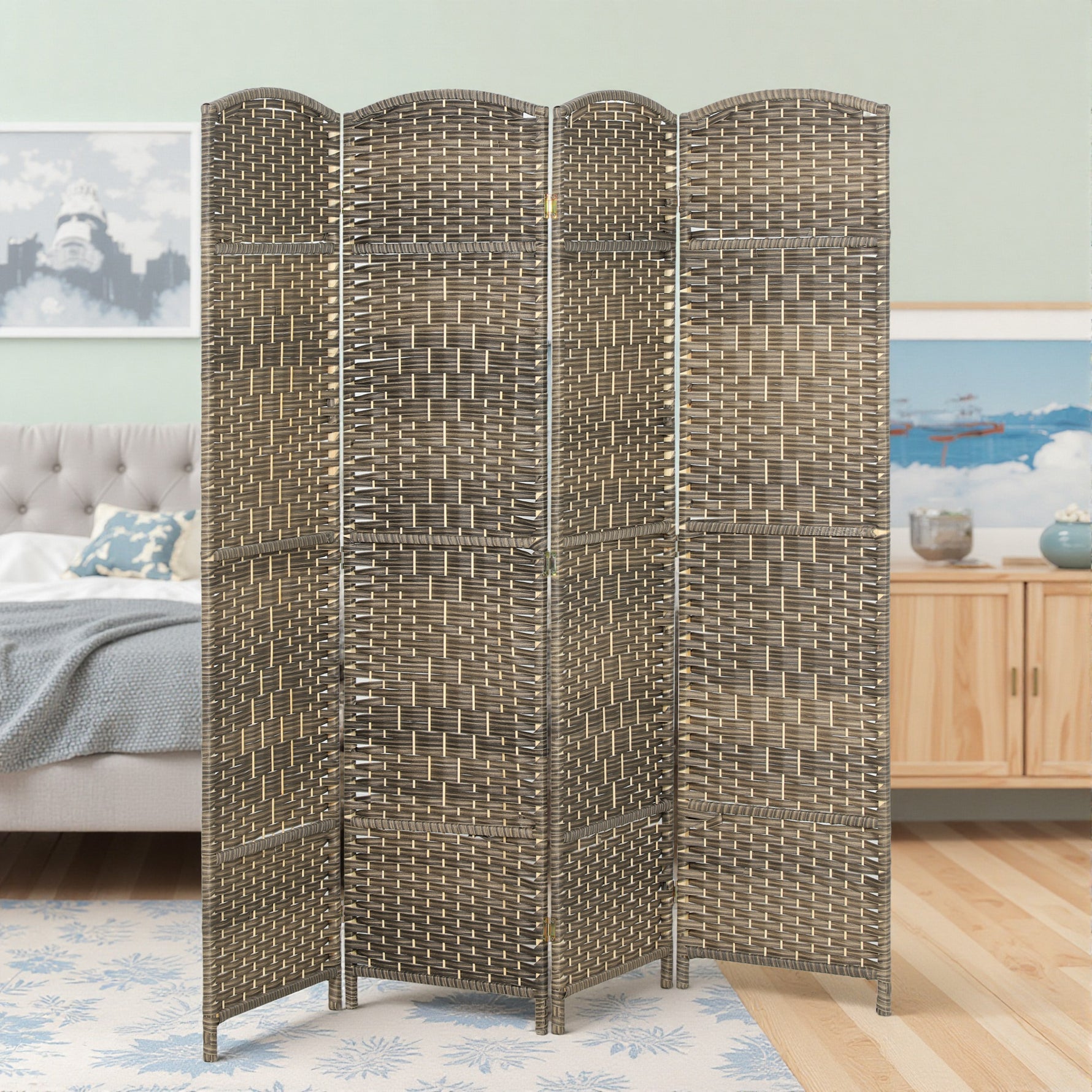 Paravent intérieur en bois 4 panneaux séparateur de pièce pliable pour salon chambre 180 x 180 cm chêne foncé