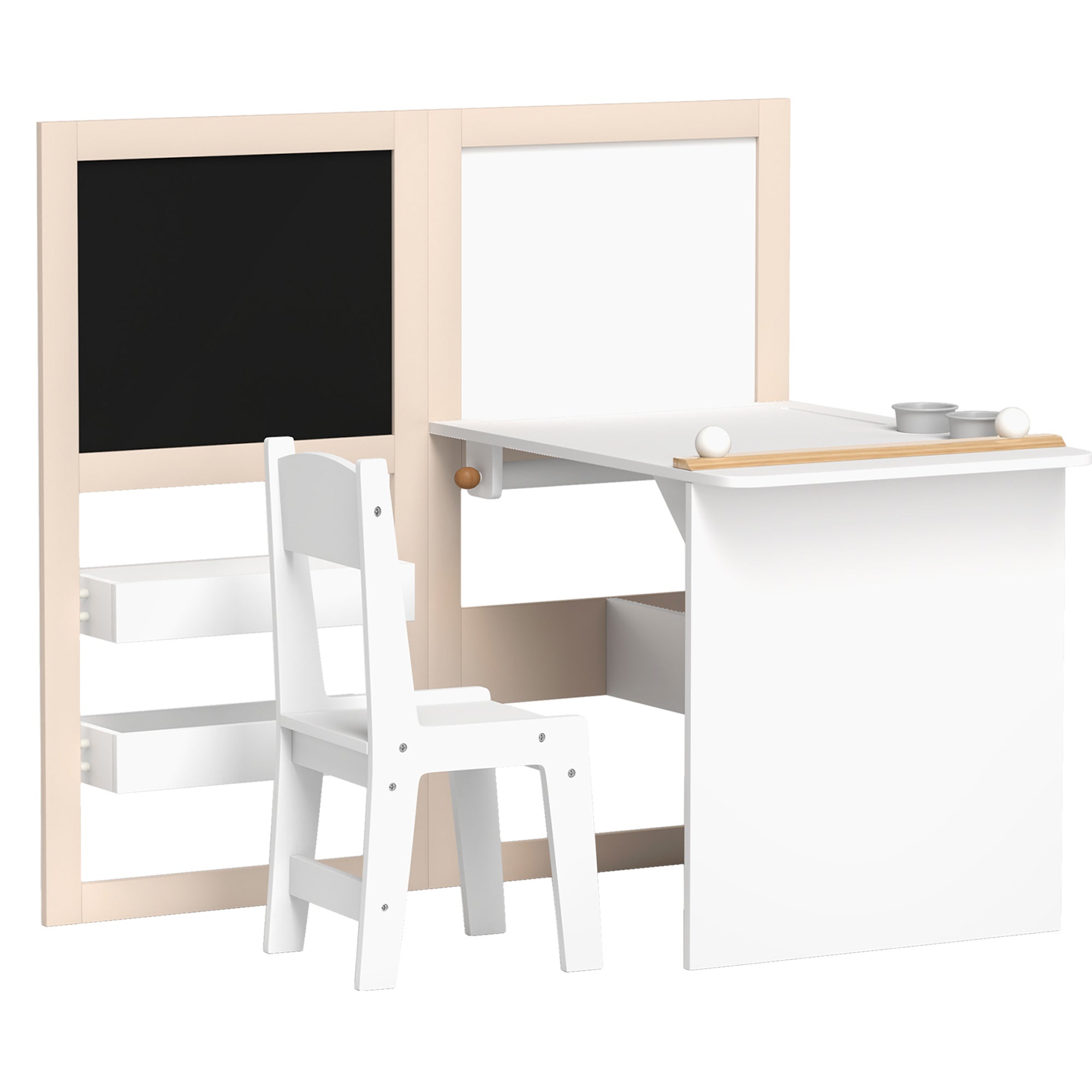 Table enfant avec chaise 3 en 1 avec chevalet pliable étagères de rangement, rouleau de papier - 3 à 8 ans, blanc