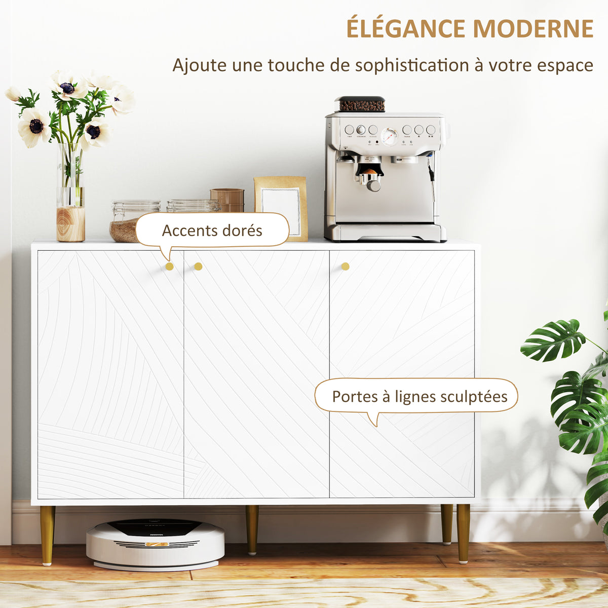 Buffet meuble de rangement avec 2 placard 3 portes étagères ajustables pieds dorés en acier 107 x 35 x 77 cm blanc