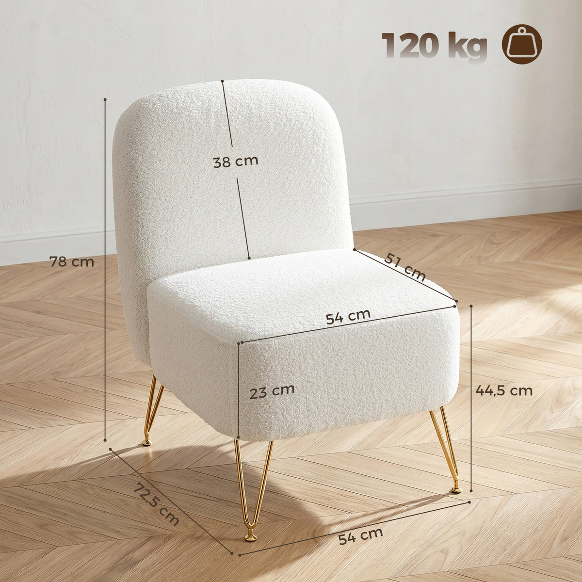 Armless Living Room Chair, Upholstered Bouclé Fabric Accent Chair, Thick Cushion, Wide Seat, White